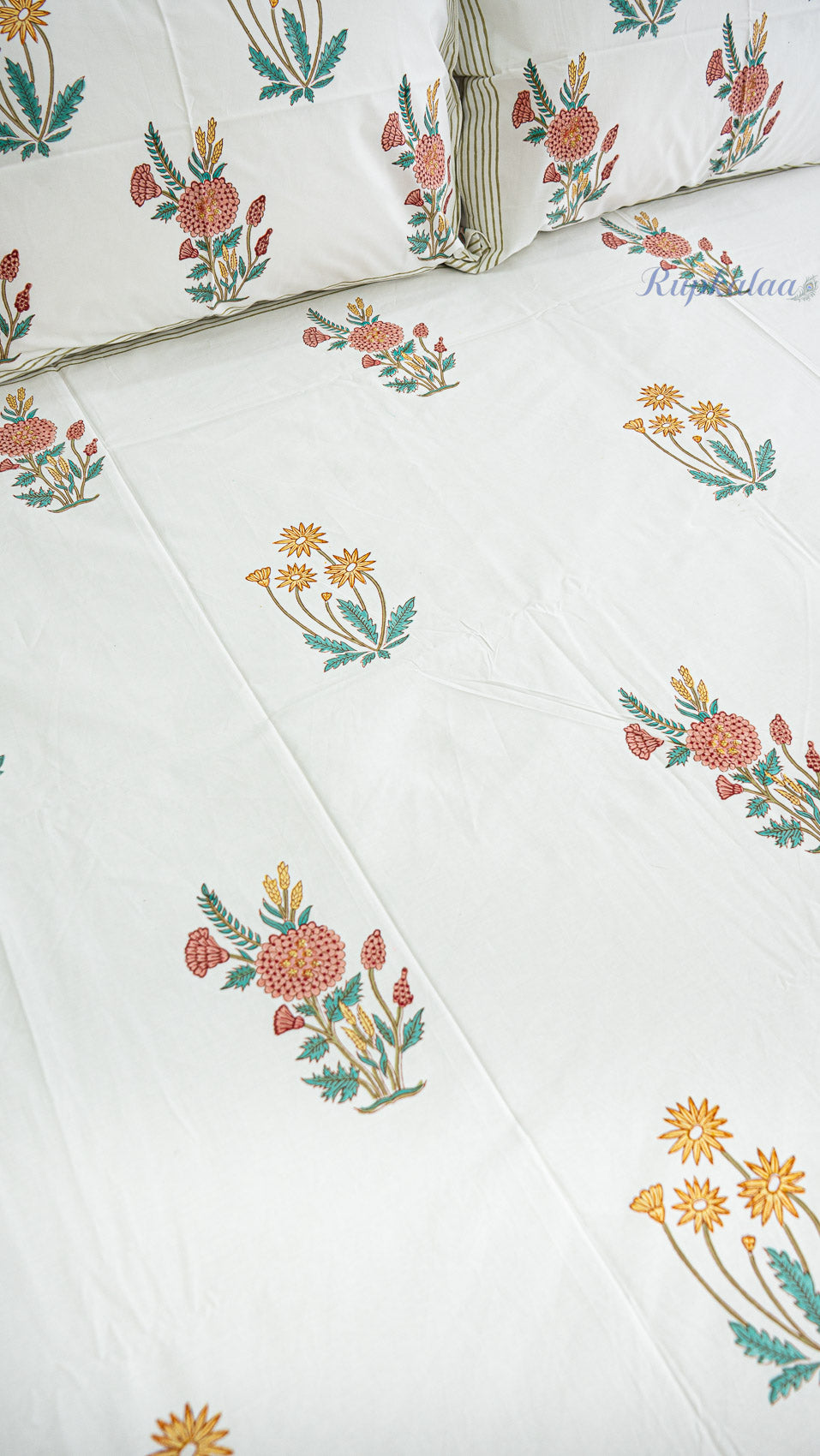 Morning Flowers Hand Block Printed Cotton Bedsheet with Two Pillow Covers