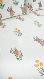 Morning Flowers Hand Block Printed Cotton Bedsheet with Two Pillow Covers