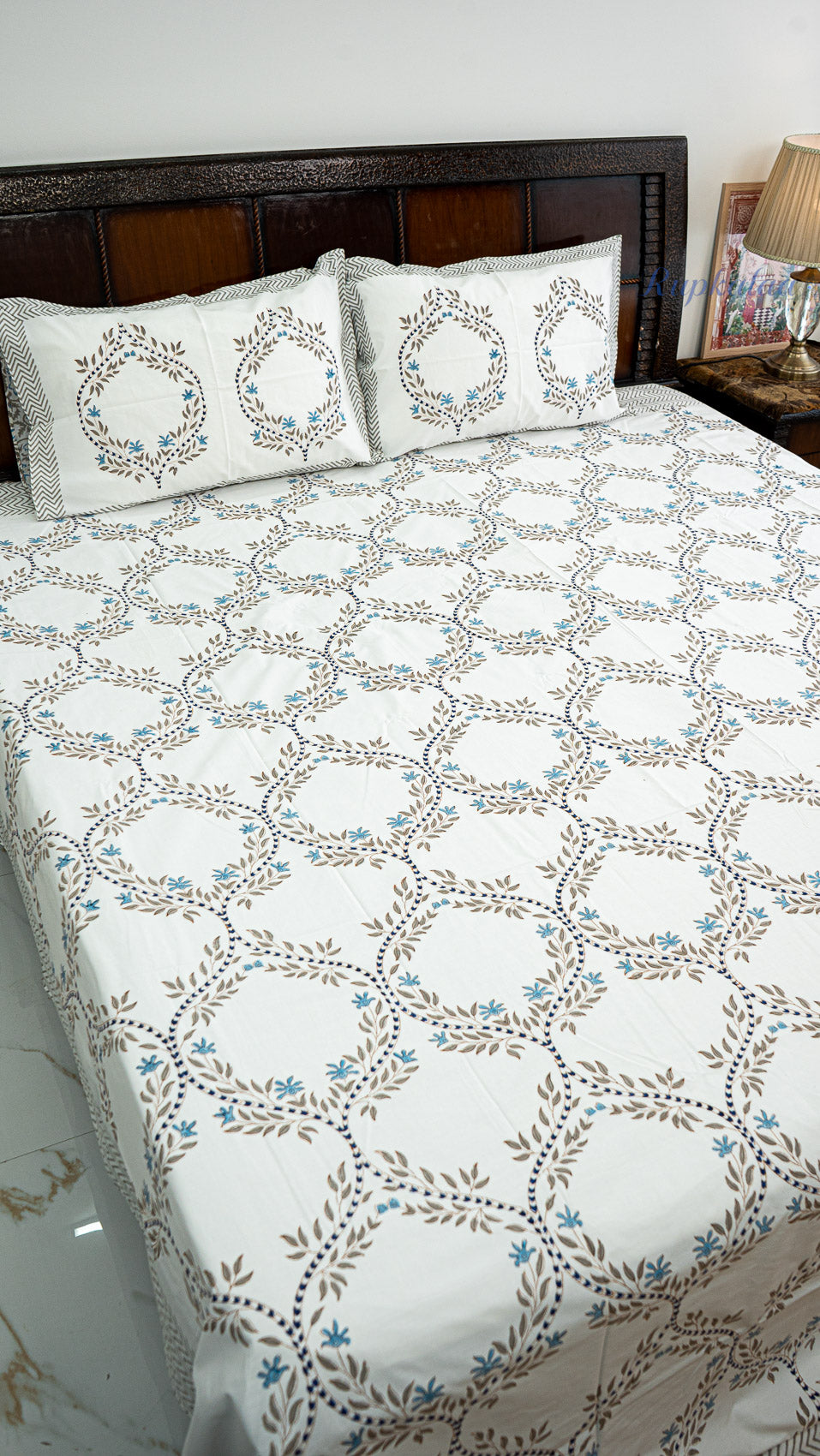 Quiet Jaipur Hand Block Printed Cotton Bedsheet with Two Pillow Covers