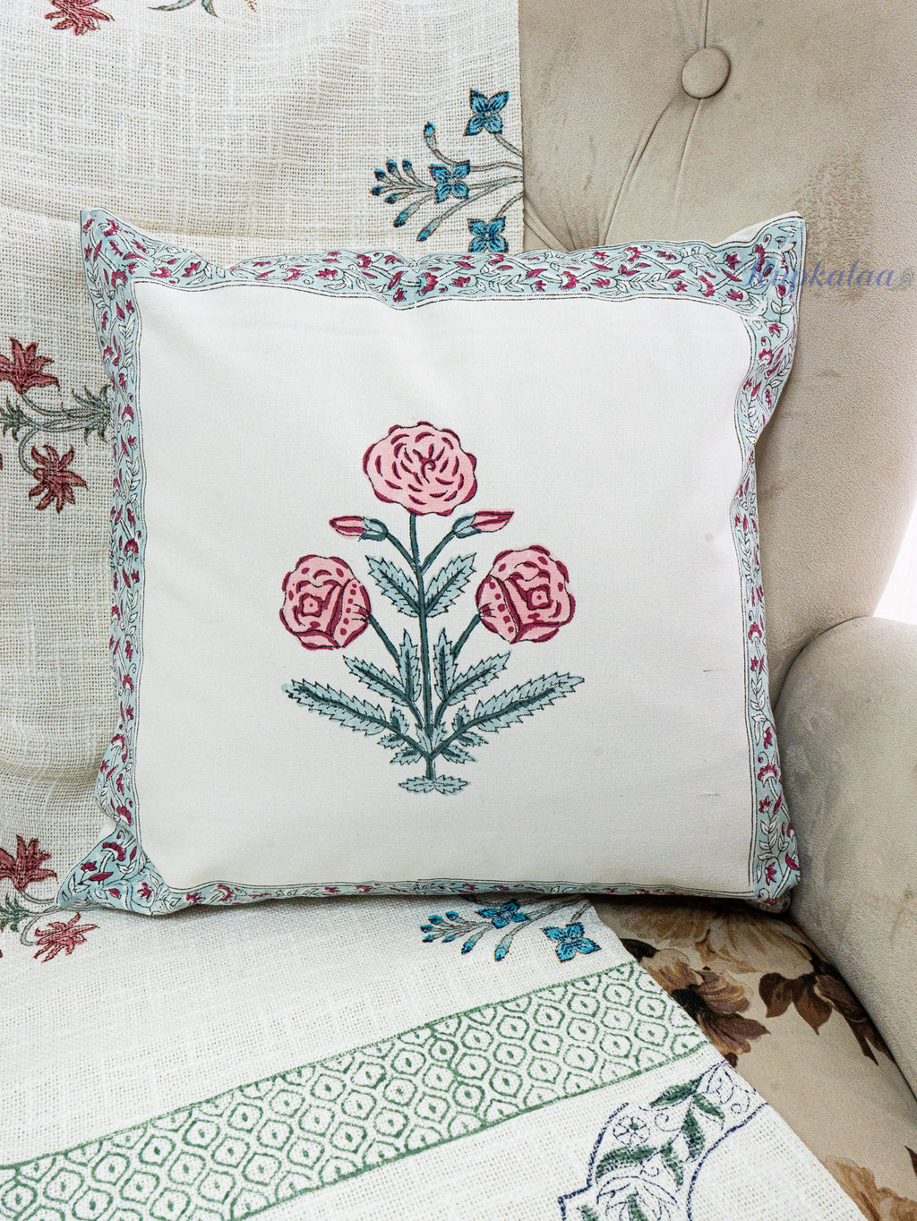Gulab Bagh Hand Block Printed Cushion Cover (16x16 Inches)