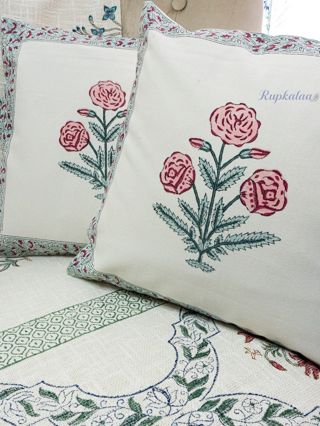 Gulab Bagh Hand Block Printed Cushion Cover (16x16 Inches)