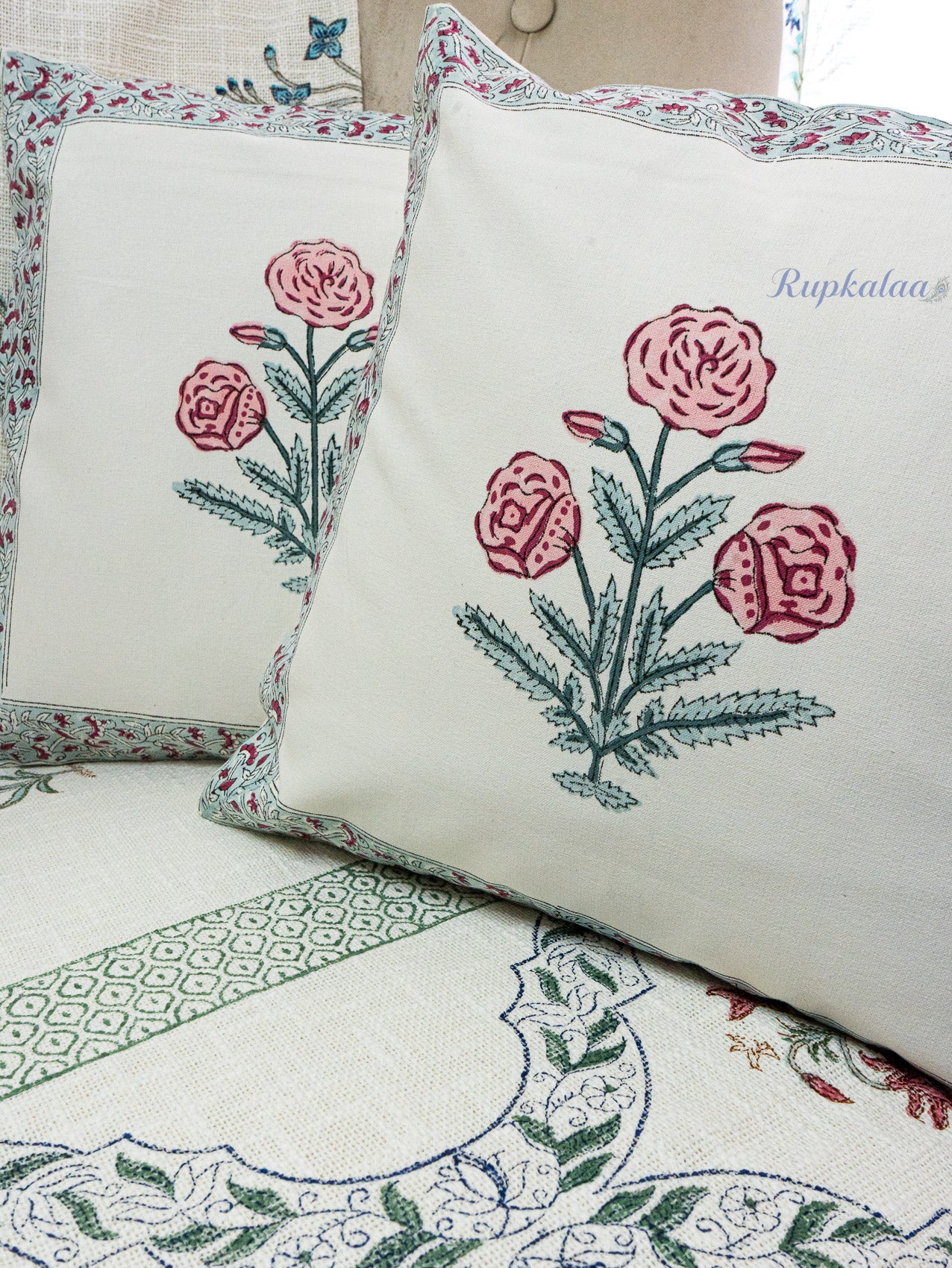 Gulab Bagh Hand Block Printed Cushion Cover (16x16 Inches)