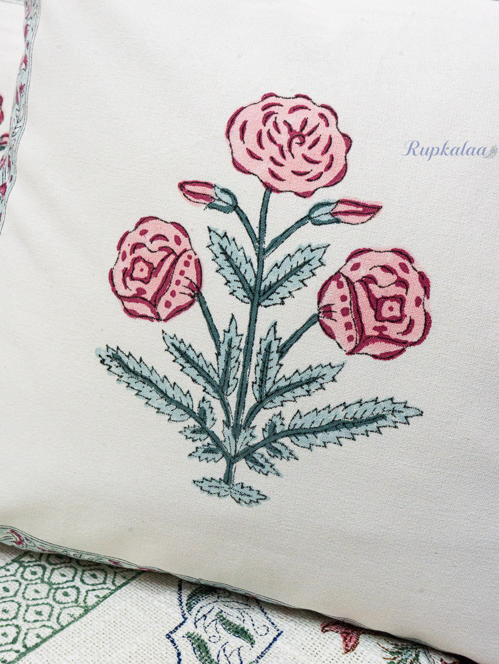 Gulab Bagh Hand Block Printed Cushion Cover (16x16 Inches)