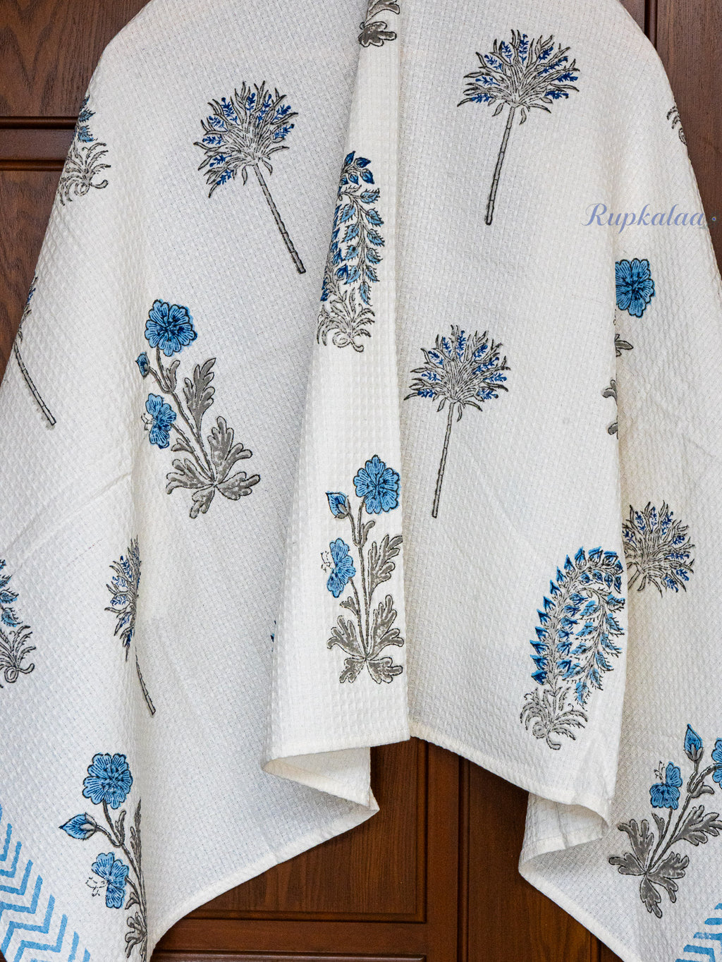 Indigo Petals Hand Block Printed Waffle Towel