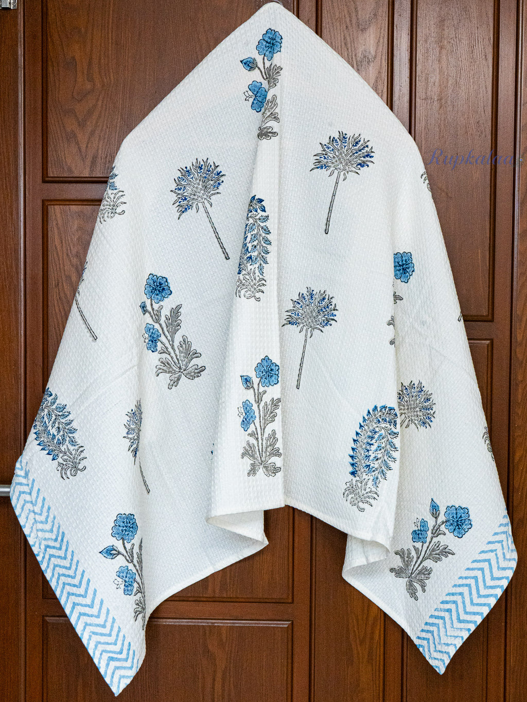 Indigo Petals Hand Block Printed Waffle Towel