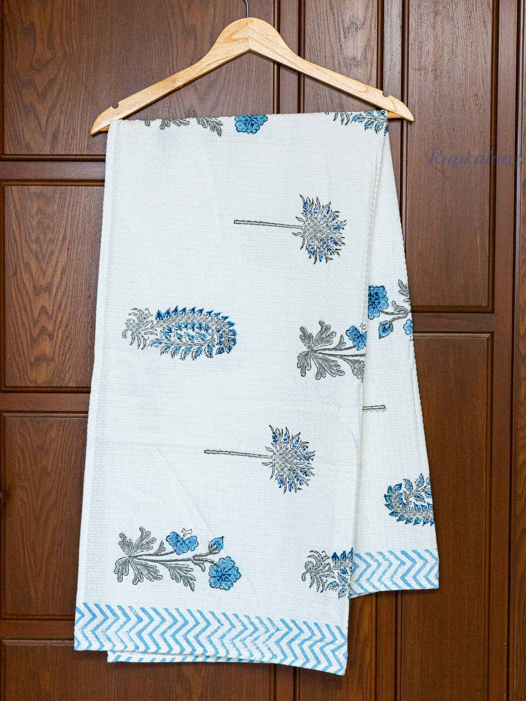 Indigo Petals Hand Block Printed Waffle Towel