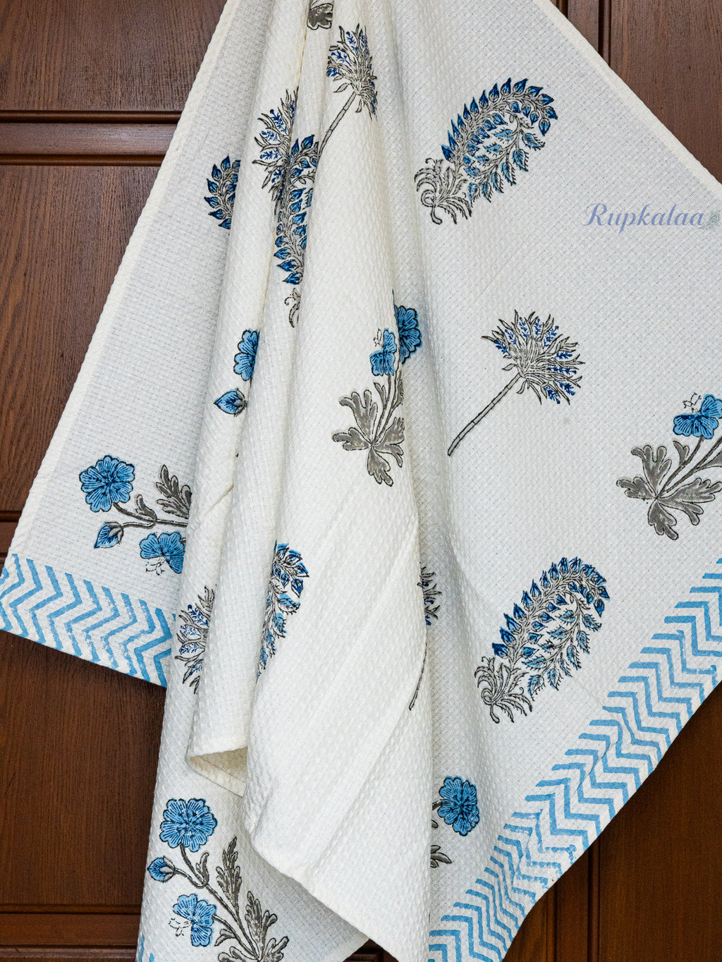 Indigo Petals Hand Block Printed Waffle Towel