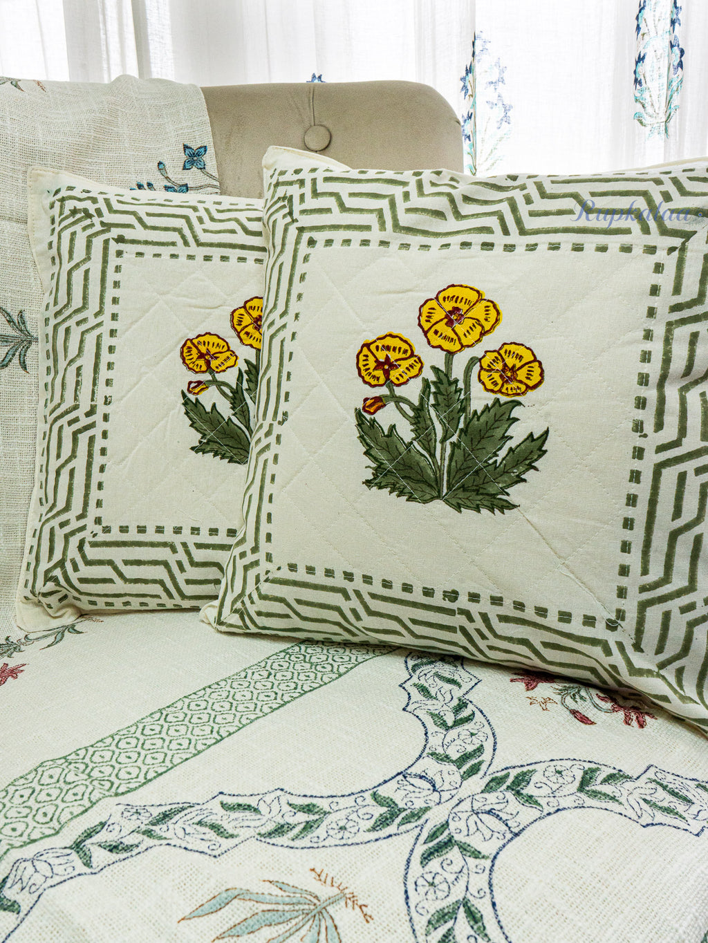 Sunlit Bloom Hand Block Printed Cushion Cover (16x16 Inches)
