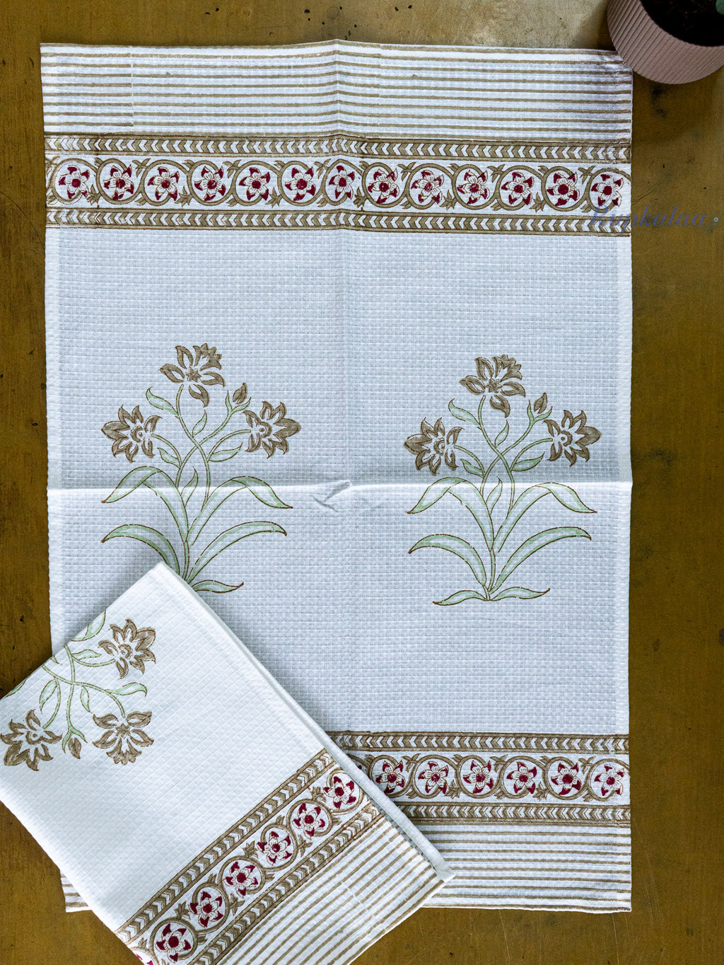 Olive Pause Hand Block Printed Waffle Towel