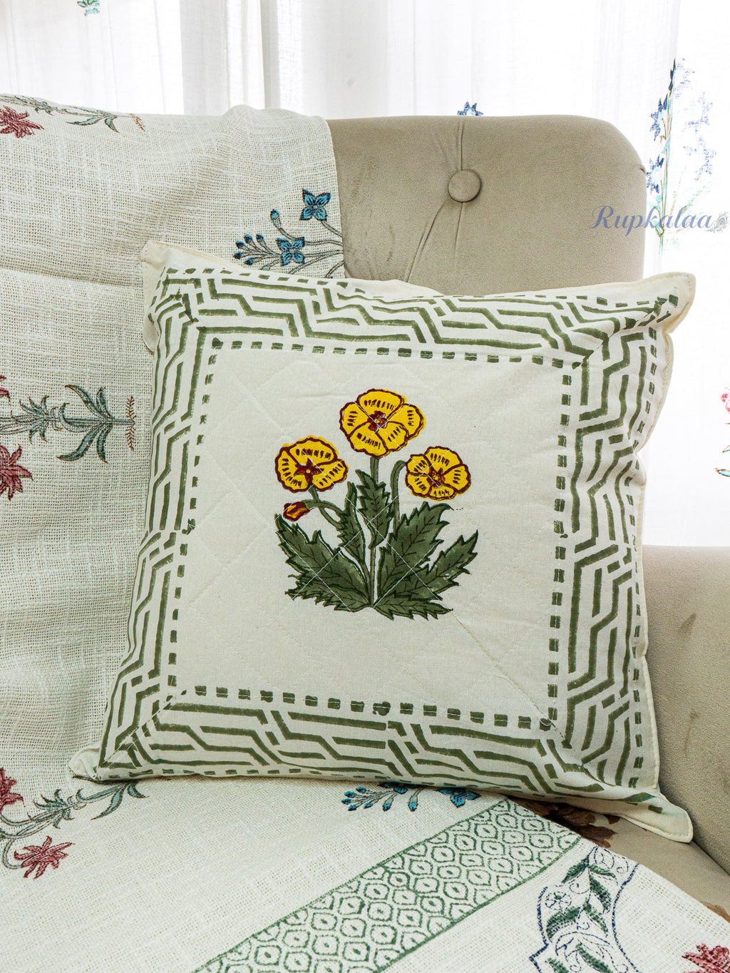 Sunlit Bloom Hand Block Printed Cushion Cover (16x16 Inches)