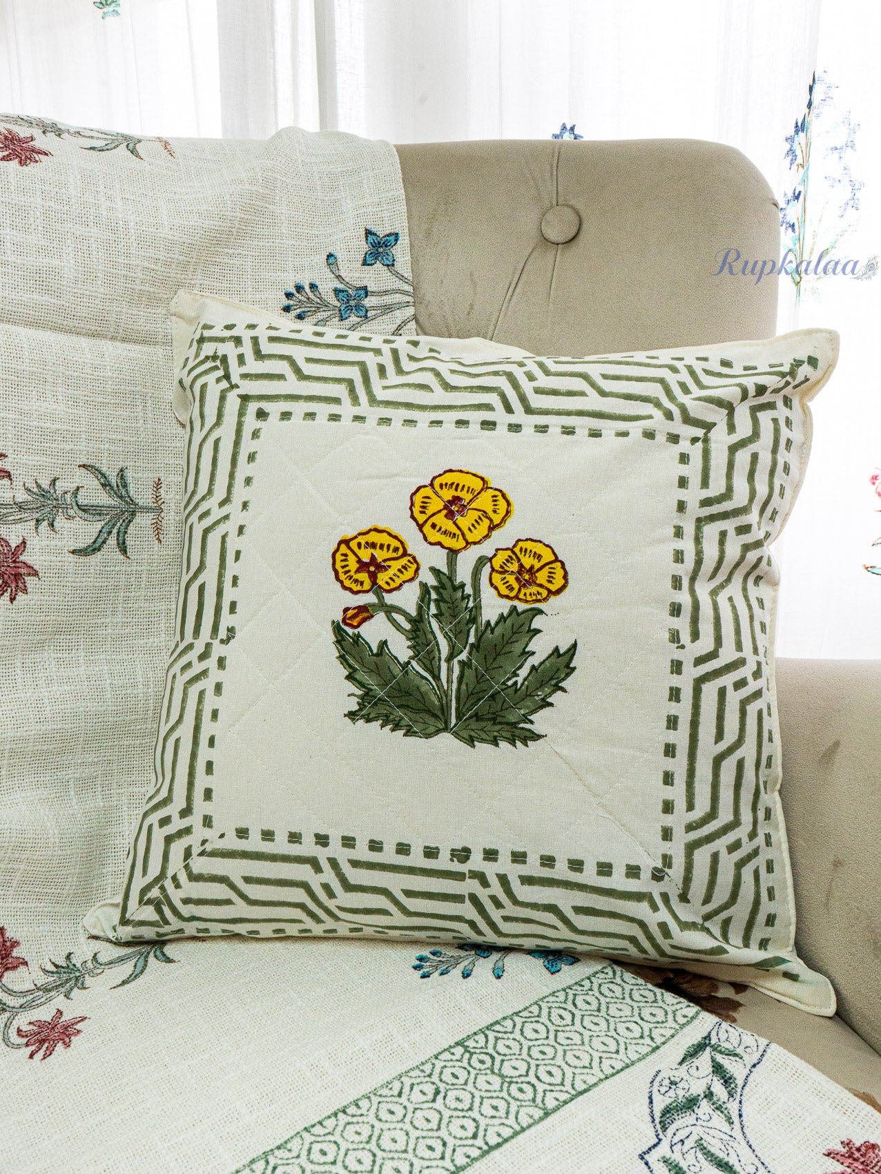 Sunlit Bloom Hand Block Printed Cushion Cover (16x16 Inches)