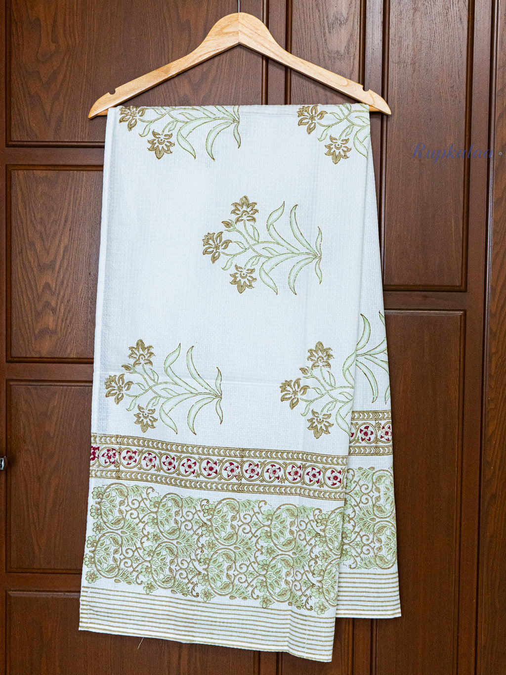 Olive Pause Hand Block Printed Waffle Towel