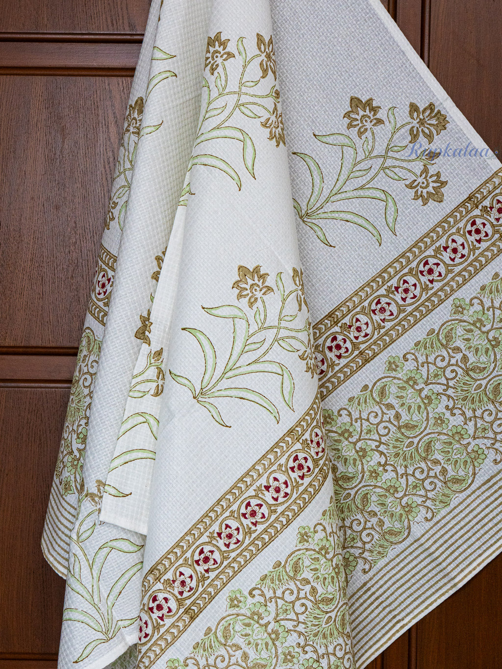 Olive Pause Hand Block Printed Waffle Towel