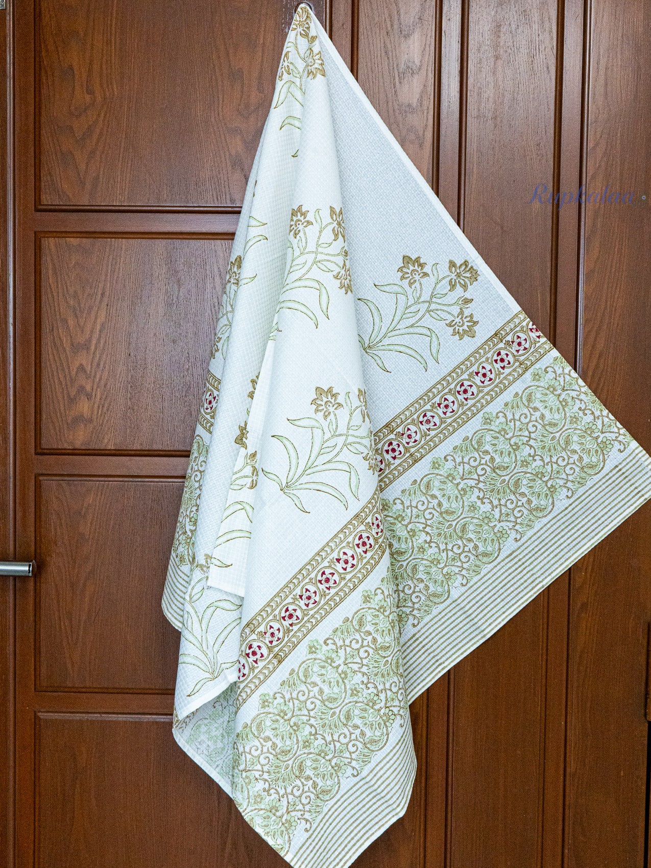 Olive Pause Hand Block Printed Waffle Towel