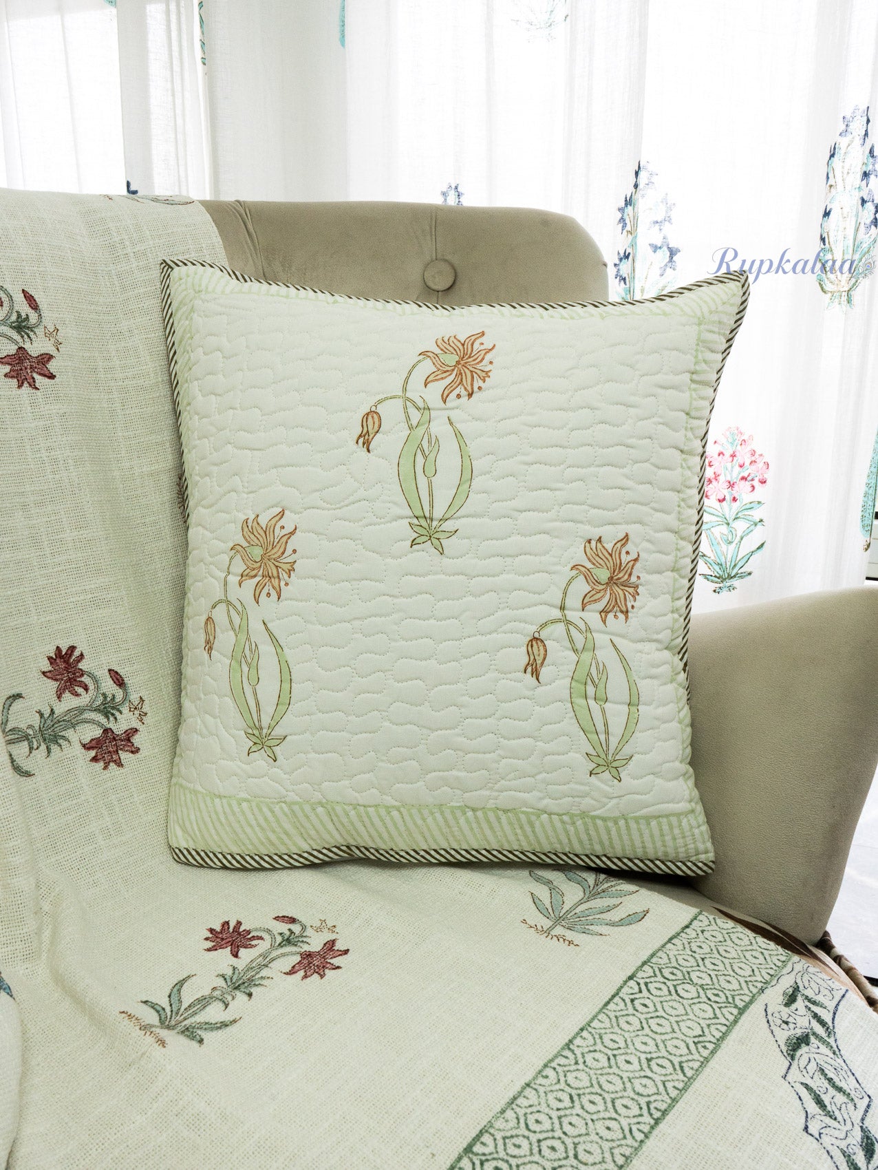 Golden Vines Hand Block Printed Cushion Cover (18x18 Inches)