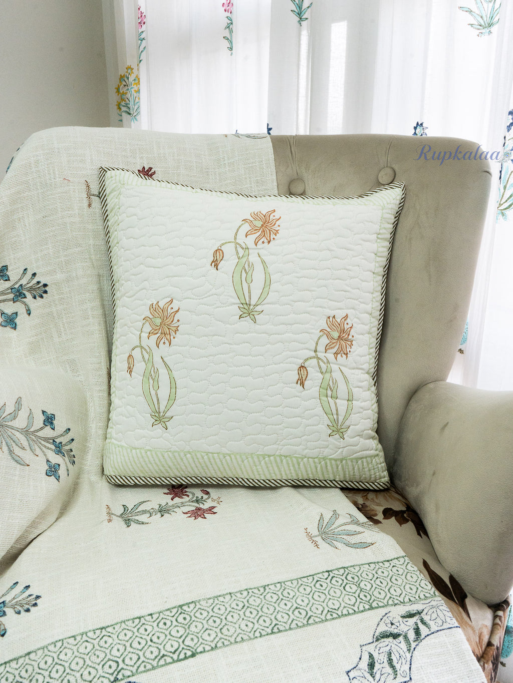 Golden Vines Hand Block Printed Cushion Cover (18x18 Inches)