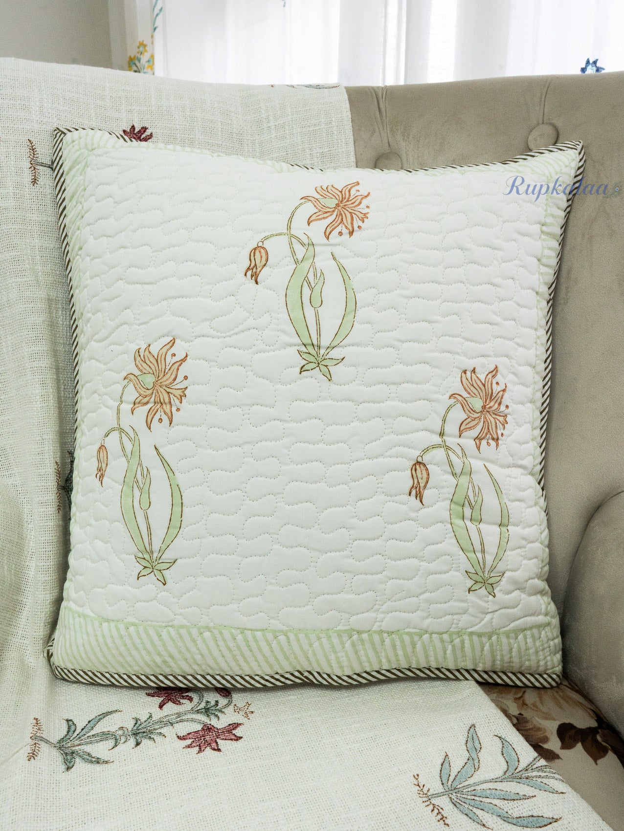 Golden Vines Hand Block Printed Cushion Cover (18x18 Inches)