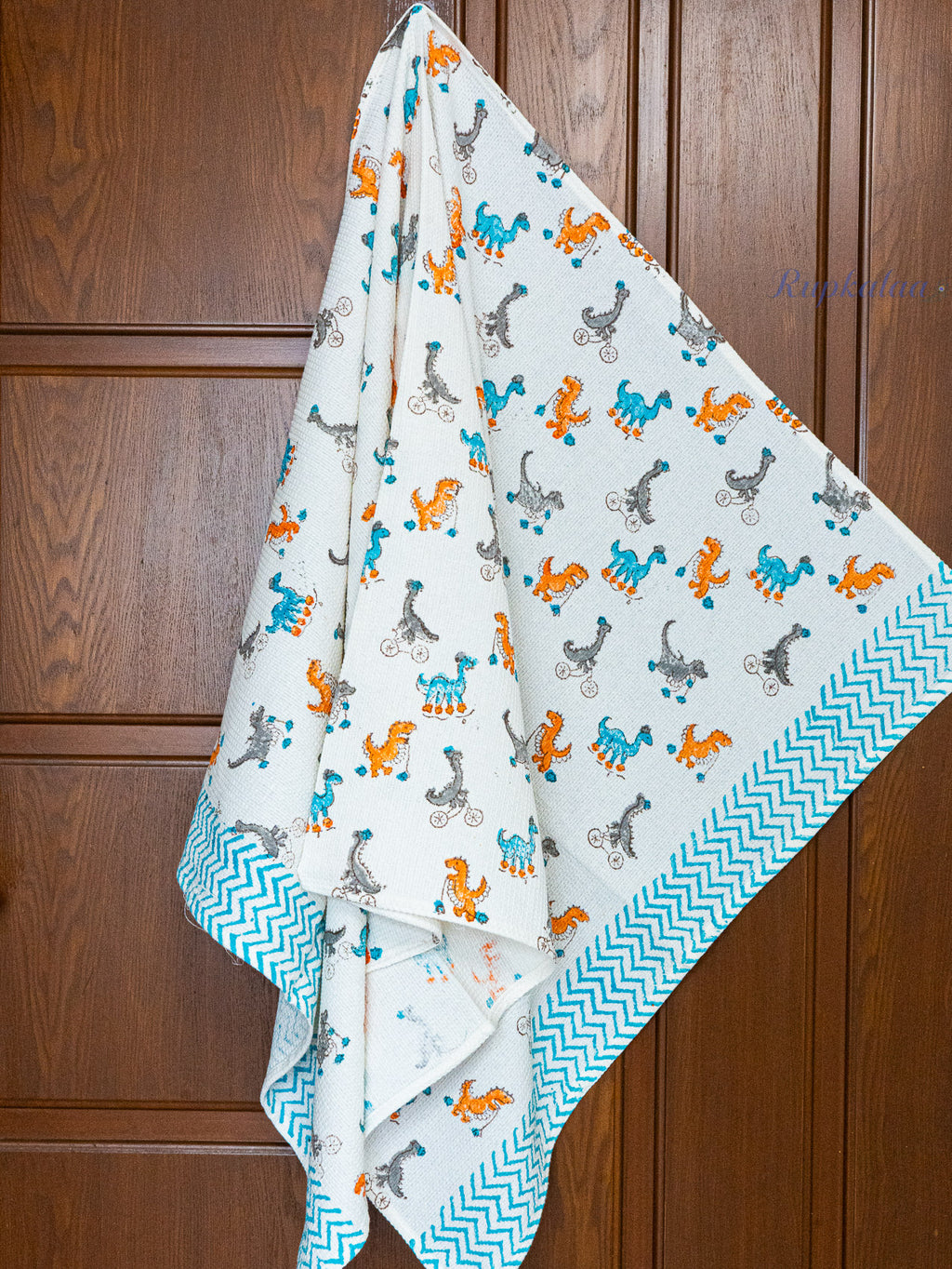 Dinos Hand Block Printed Waffle Towel