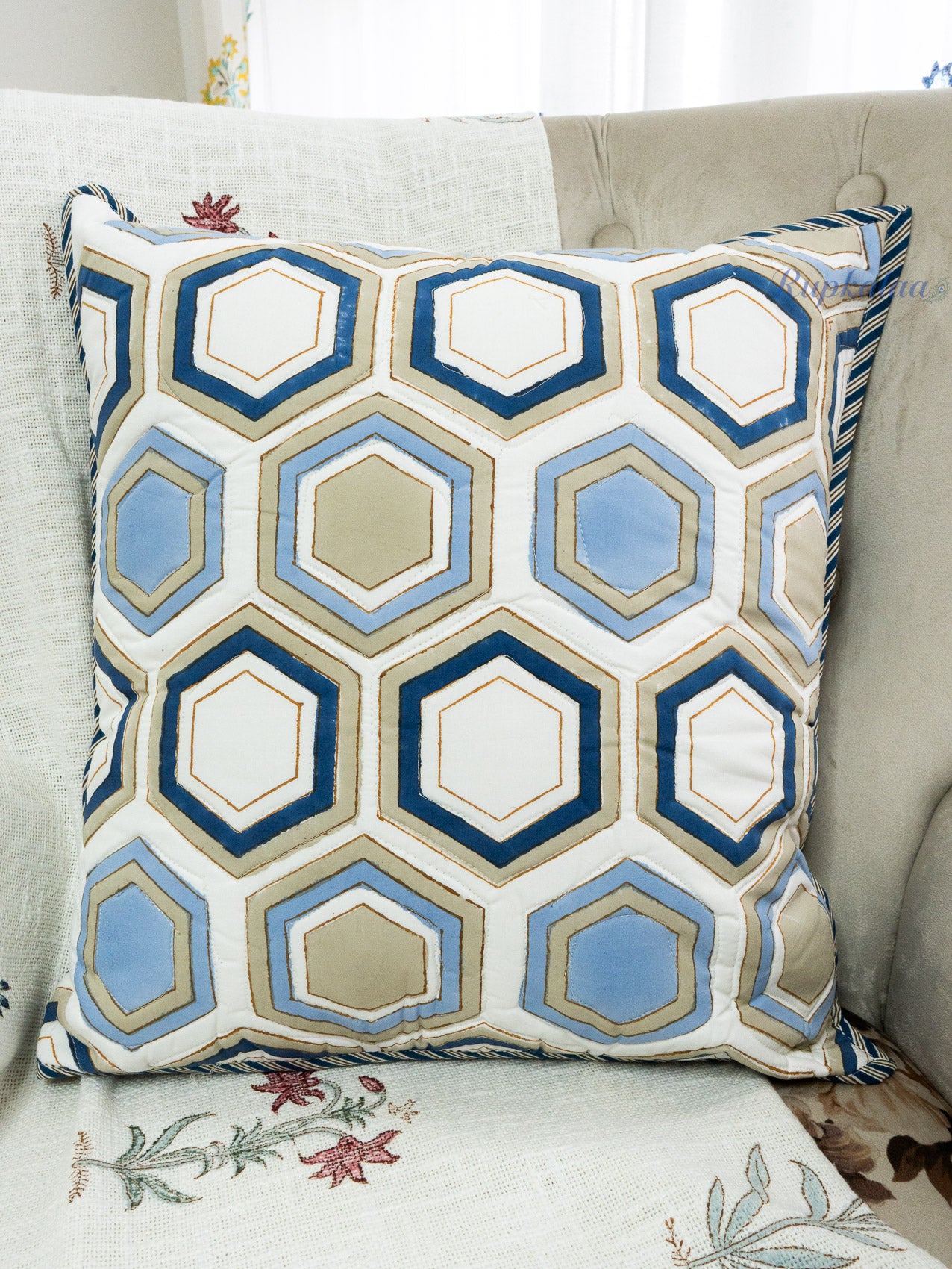 Benzene Hand Block Printed Cushion Cover (18x18 Inches)