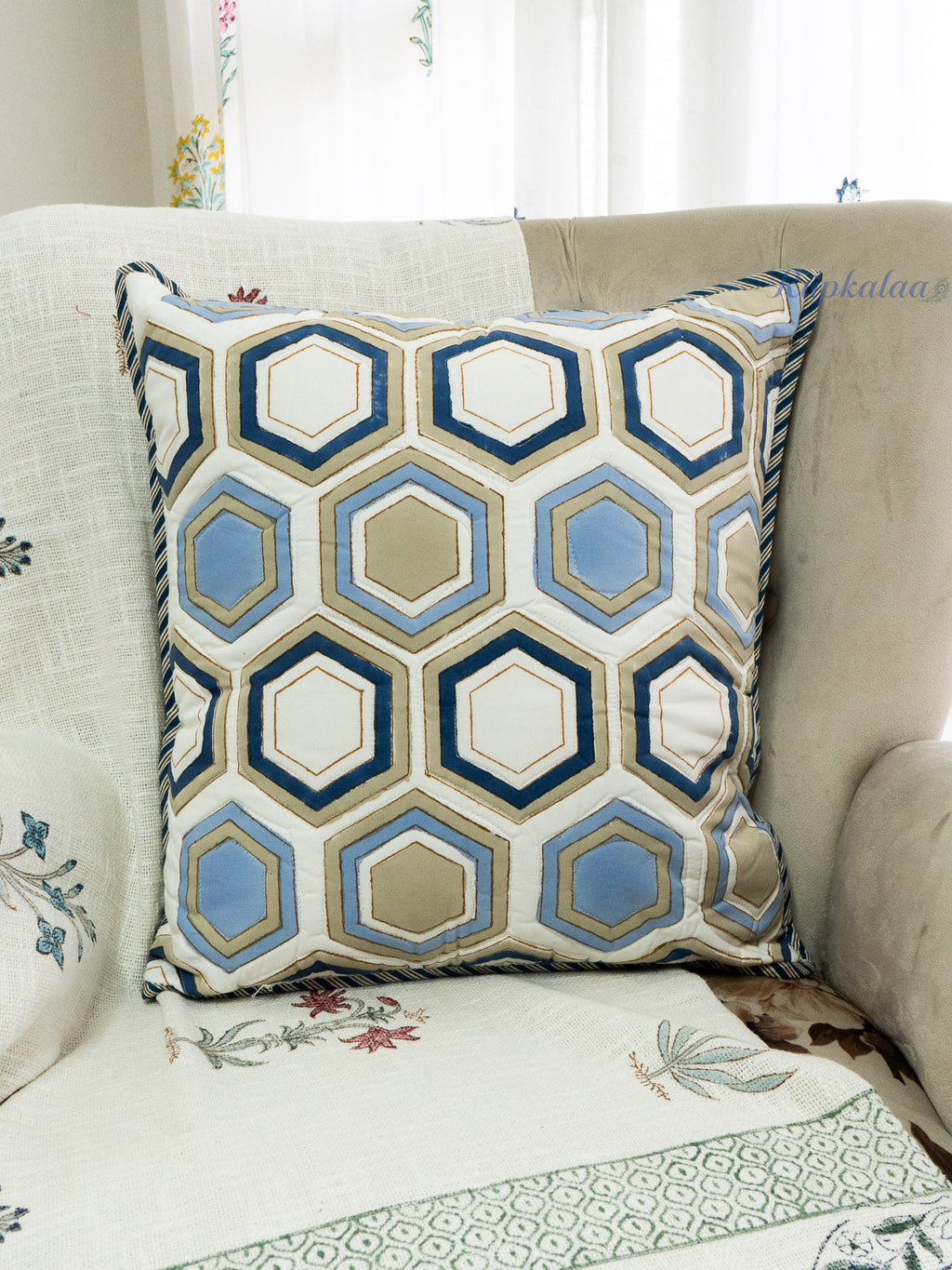 Benzene Hand Block Printed Cushion Cover (18x18 Inches)
