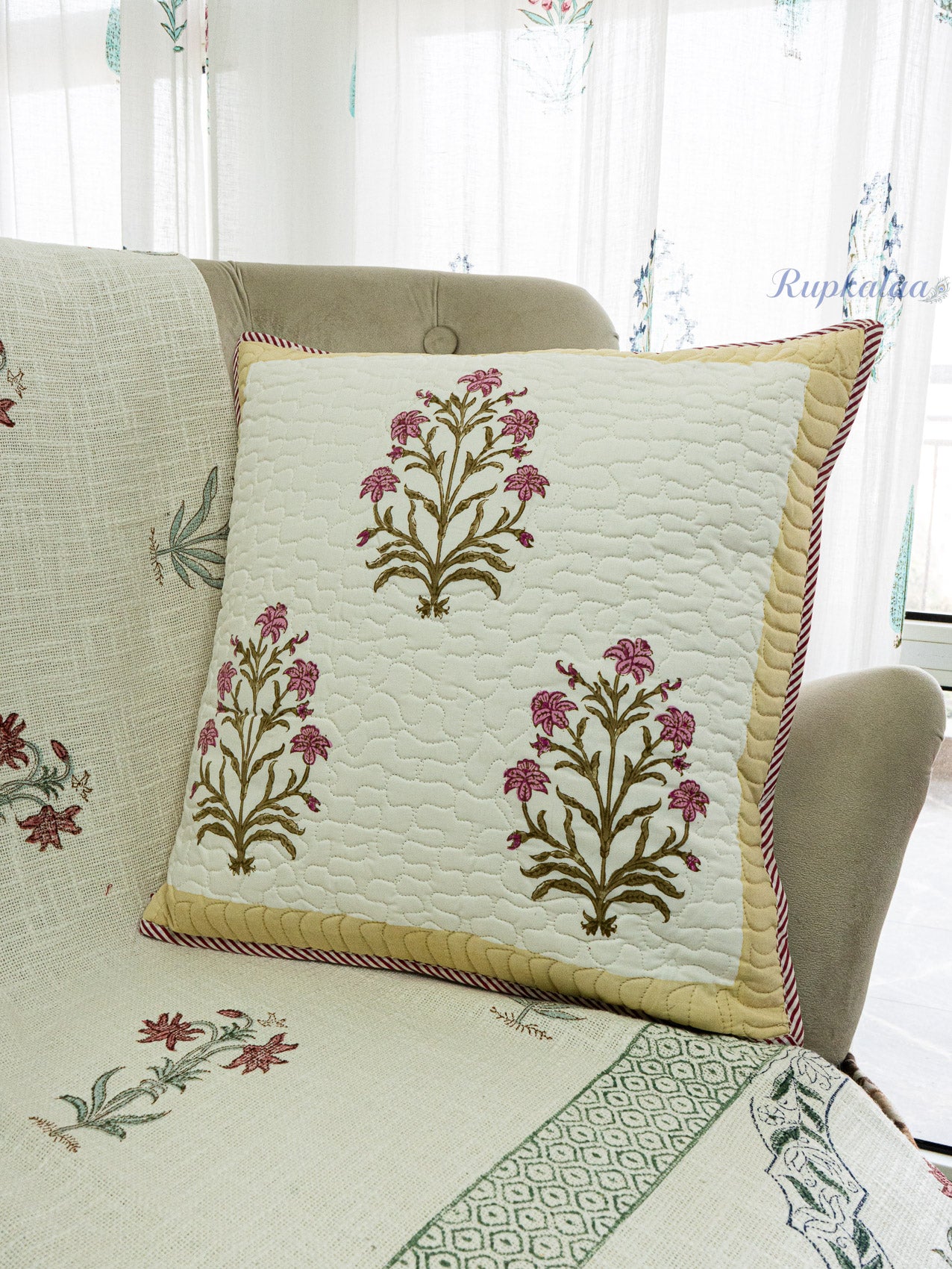 Fern Lines Hand Block Printed Cushion Cover (18x18 Inches)