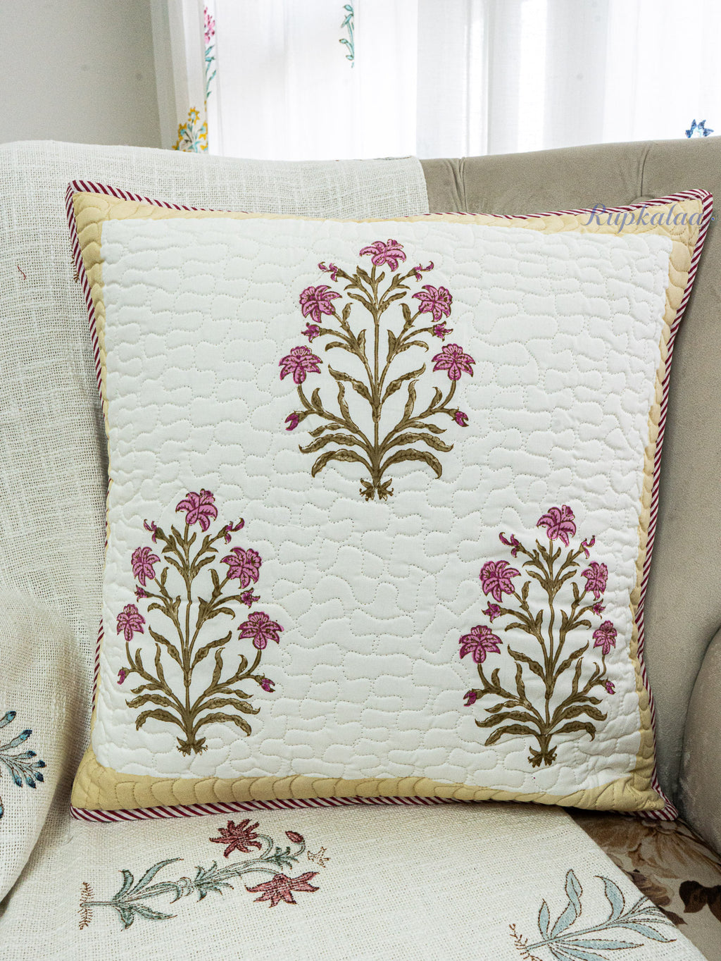 Fern Lines Hand Block Printed Cushion Cover (18x18 Inches)