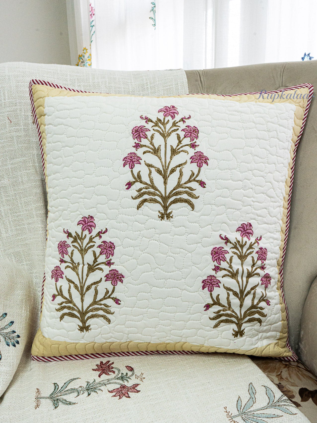 Fern Lines Hand Block Printed Cushion Cover (18x18 Inches)