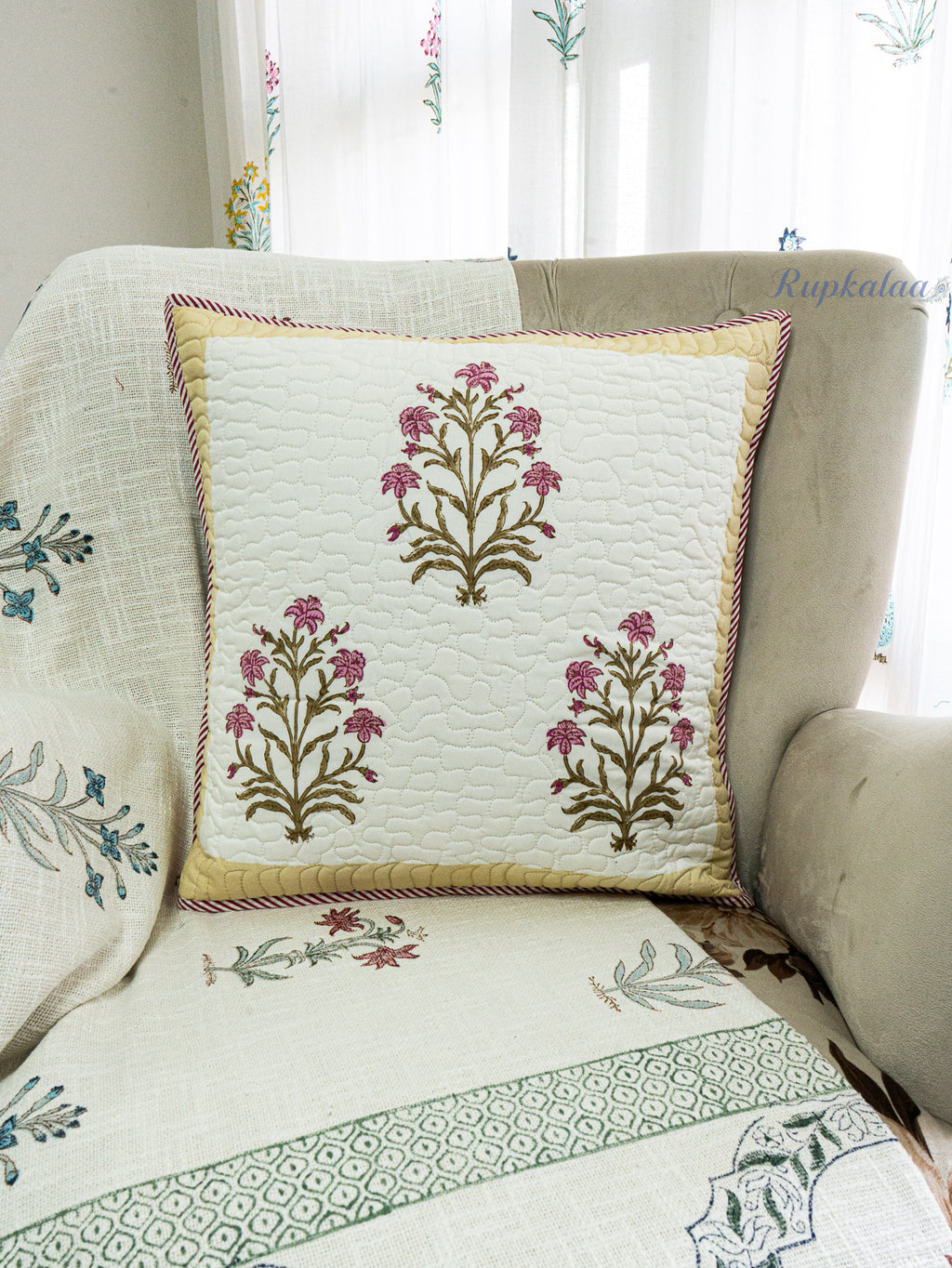 Fern Lines Hand Block Printed Cushion Cover (18x18 Inches)