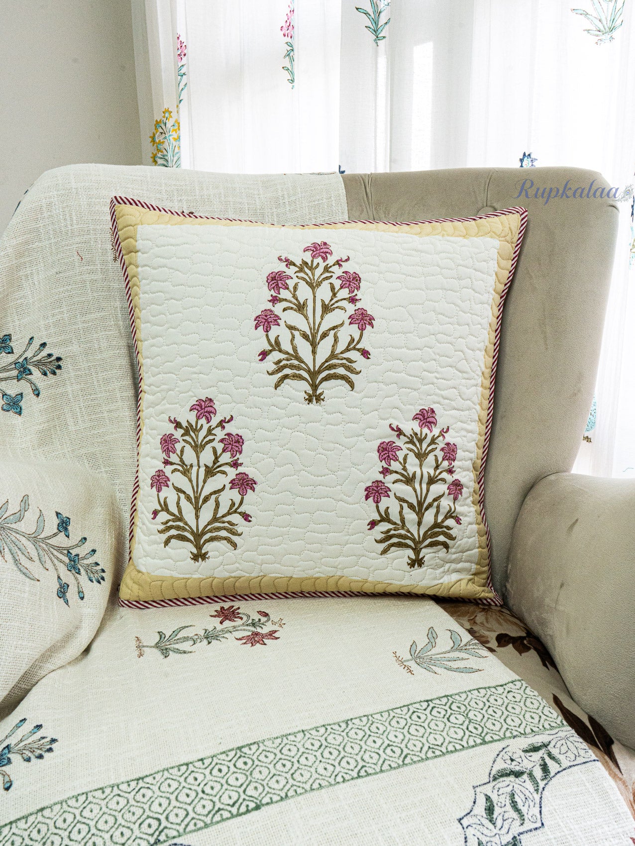 Fern Lines Hand Block Printed Cushion Cover (18x18 Inches)