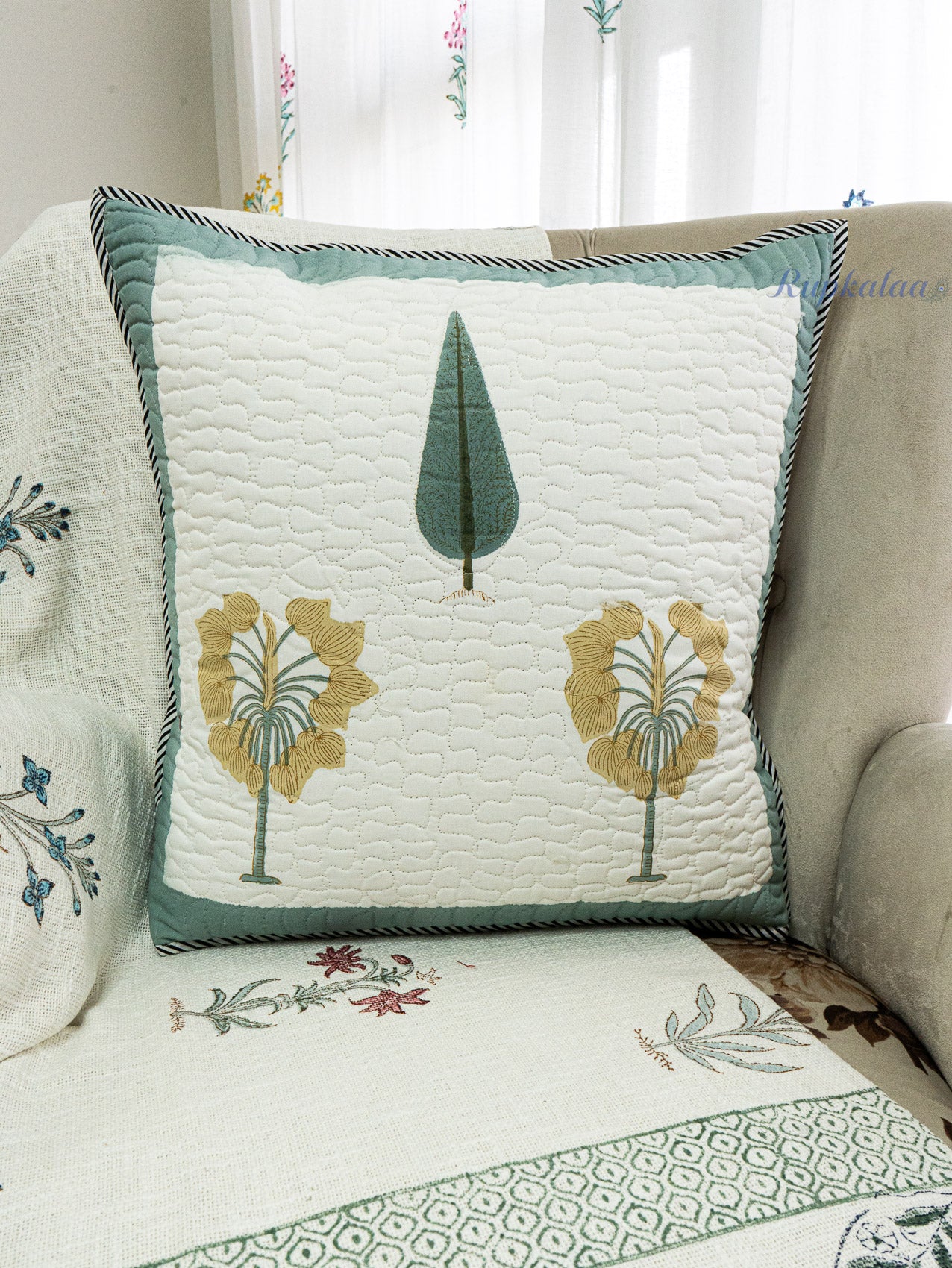 Forest Calm Hand Block Printed Cushion Cover (18x18 Inches)