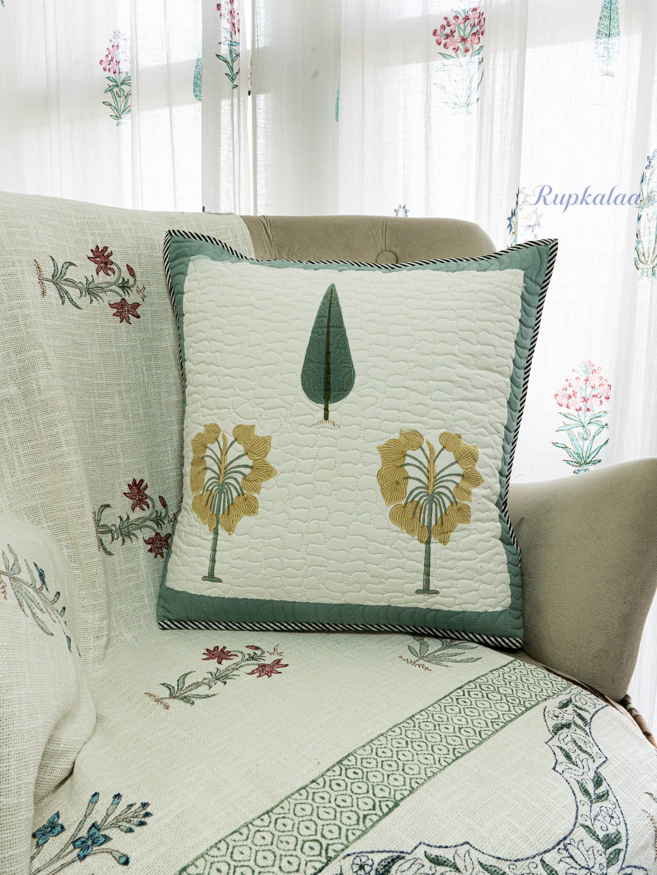 Forest Calm Hand Block Printed Cushion Cover (18x18 Inches)