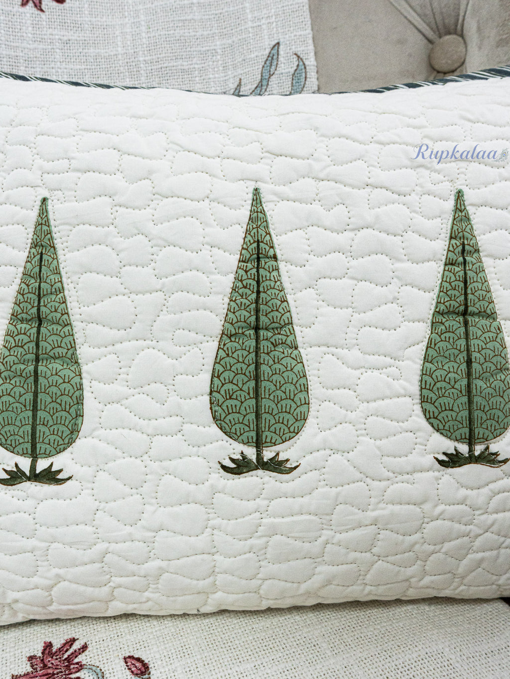 Cool Grove Hand Block Printed Cushion Cover (18x12.5 Inches)