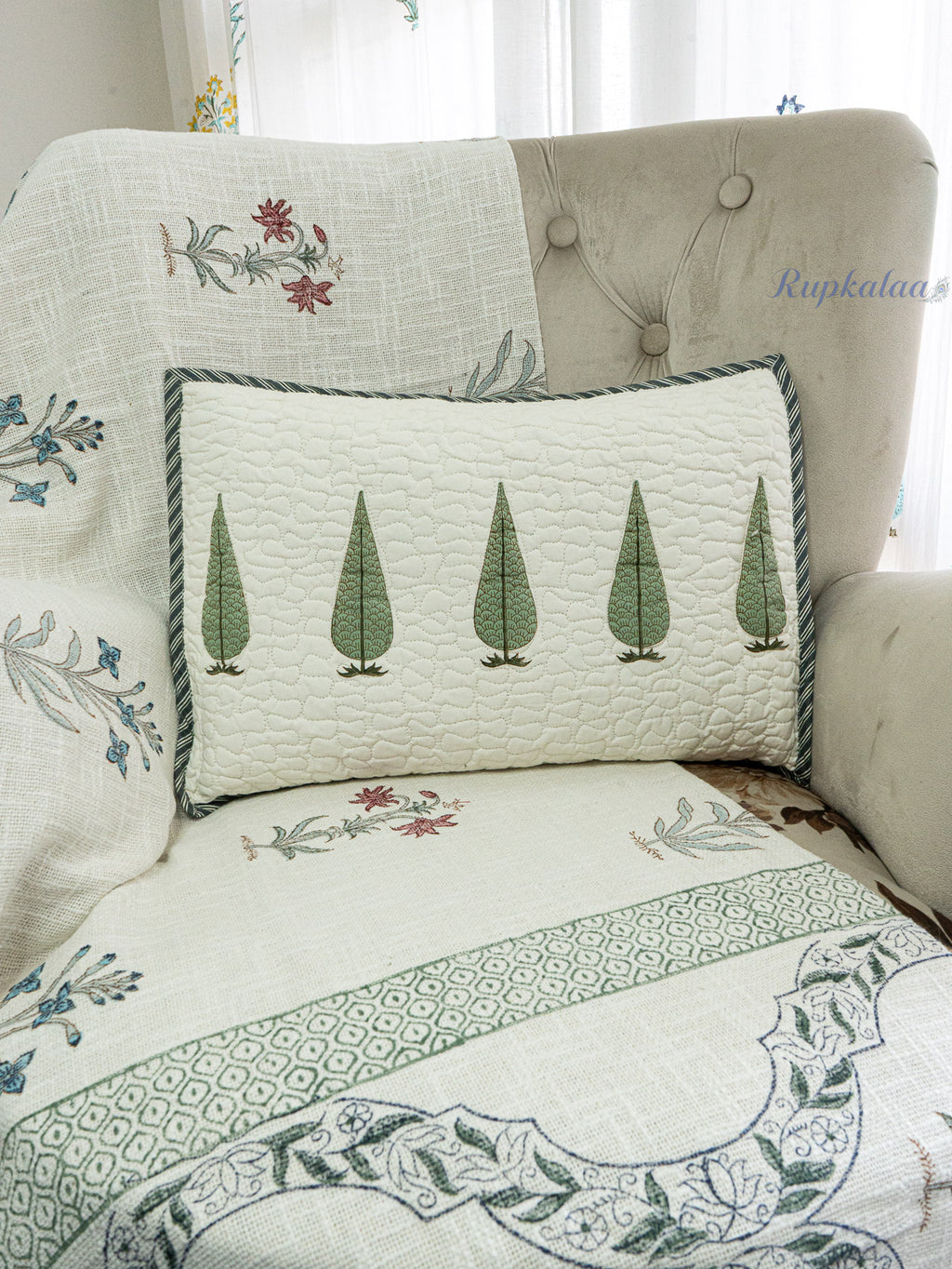 Cool Grove Hand Block Printed Cushion Cover (18x12.5 Inches)