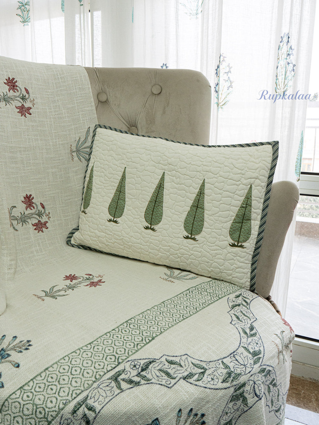 Cool Grove Hand Block Printed Cushion Cover (18x12.5 Inches)