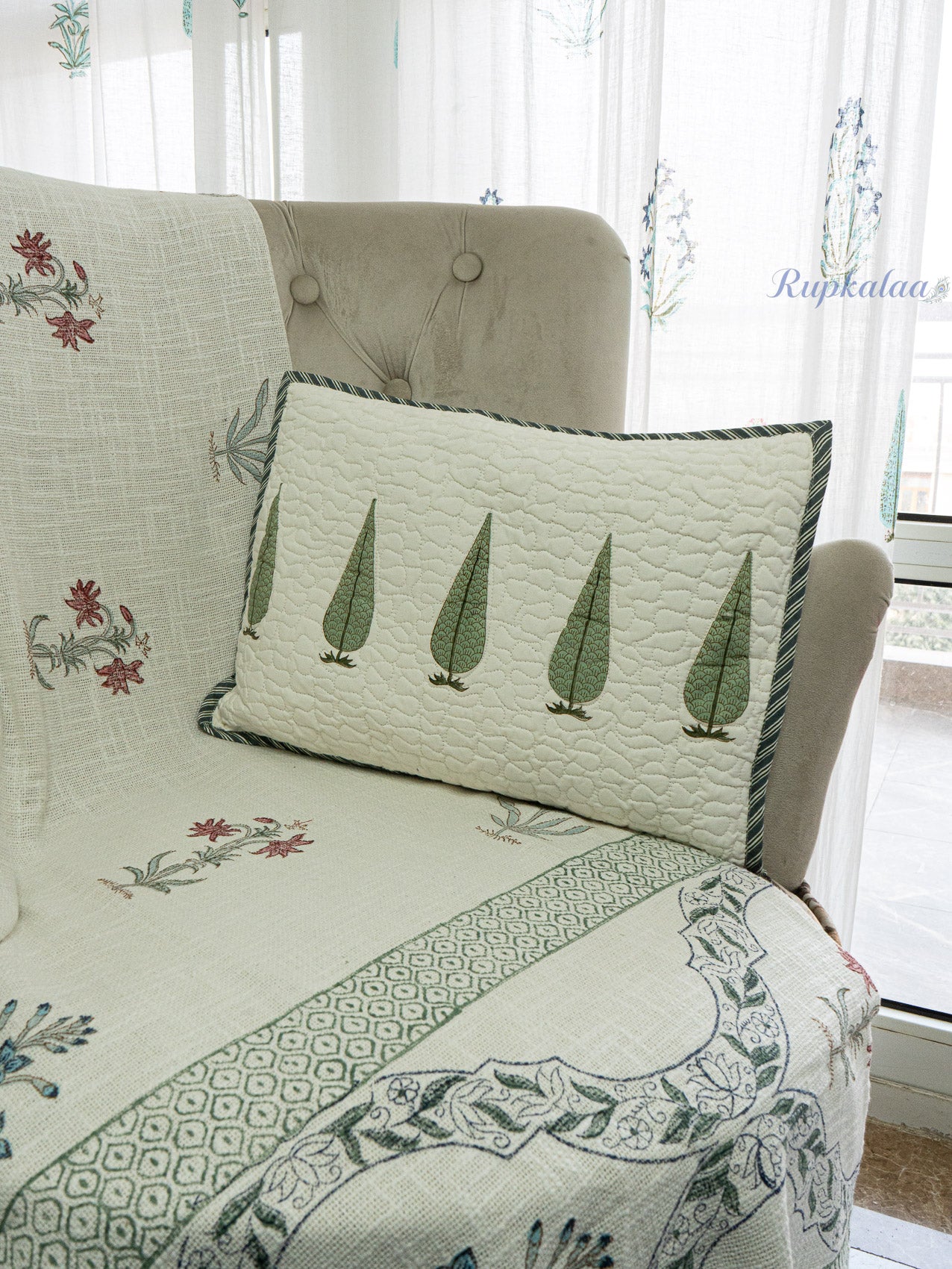 Cool Grove Hand Block Printed Cushion Cover (18x12.5 Inches)