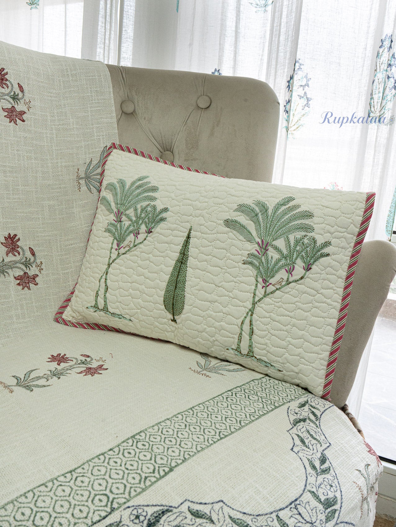 Modern Woodland Hand Block Printed Cushion Cover (18x12.5 Inches)