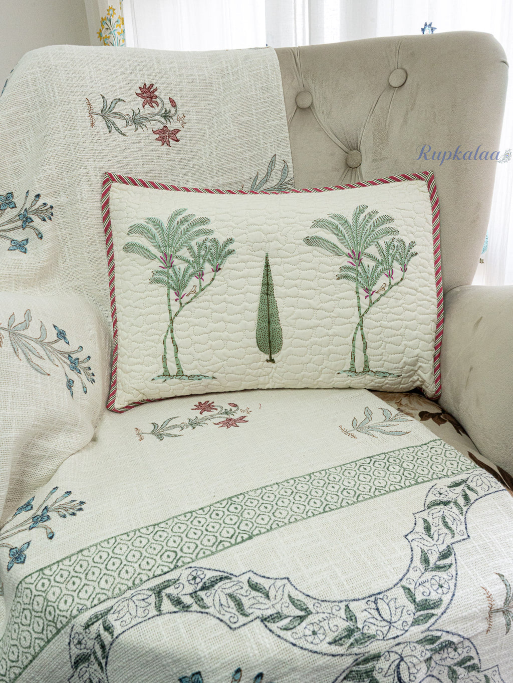 Modern Woodland Hand Block Printed Cushion Cover (18x12.5 Inches)