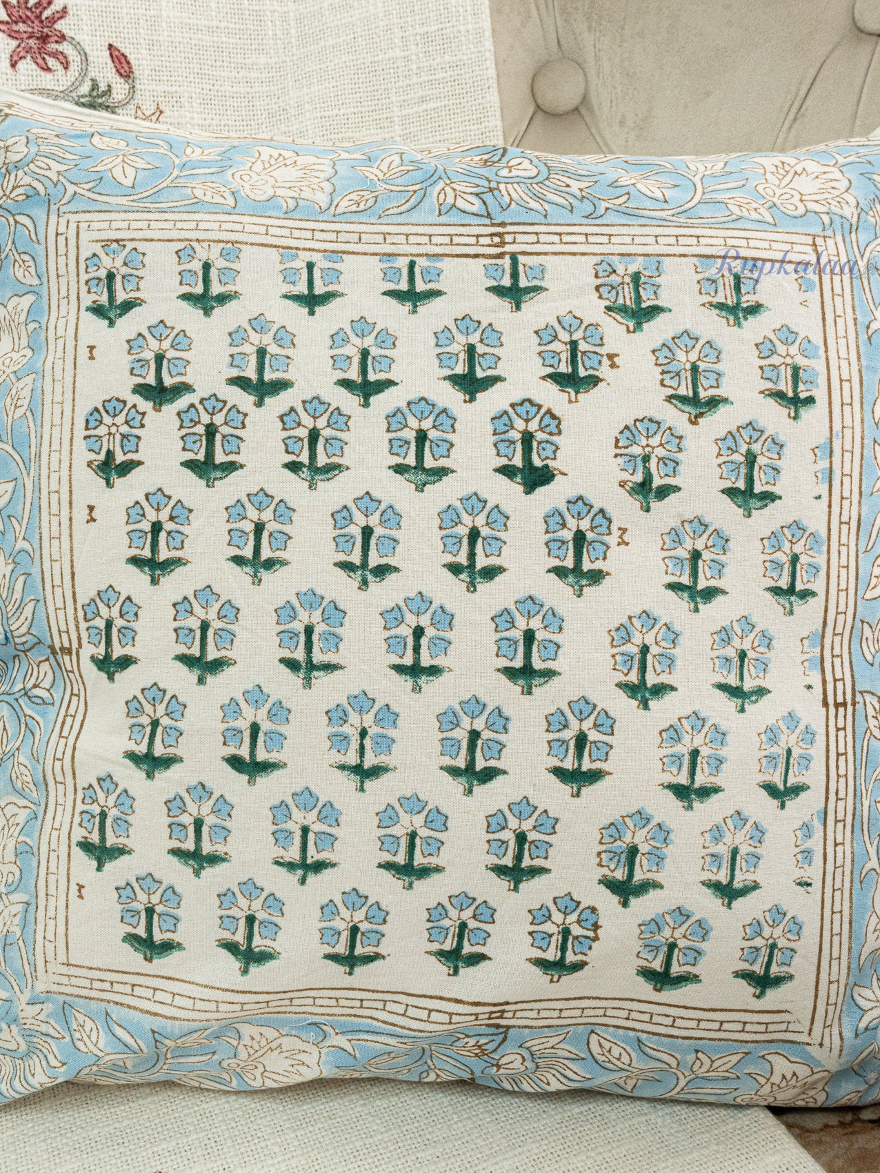 Indigo Petals Hand Block Printed Cushion Cover (16x16 Inches)