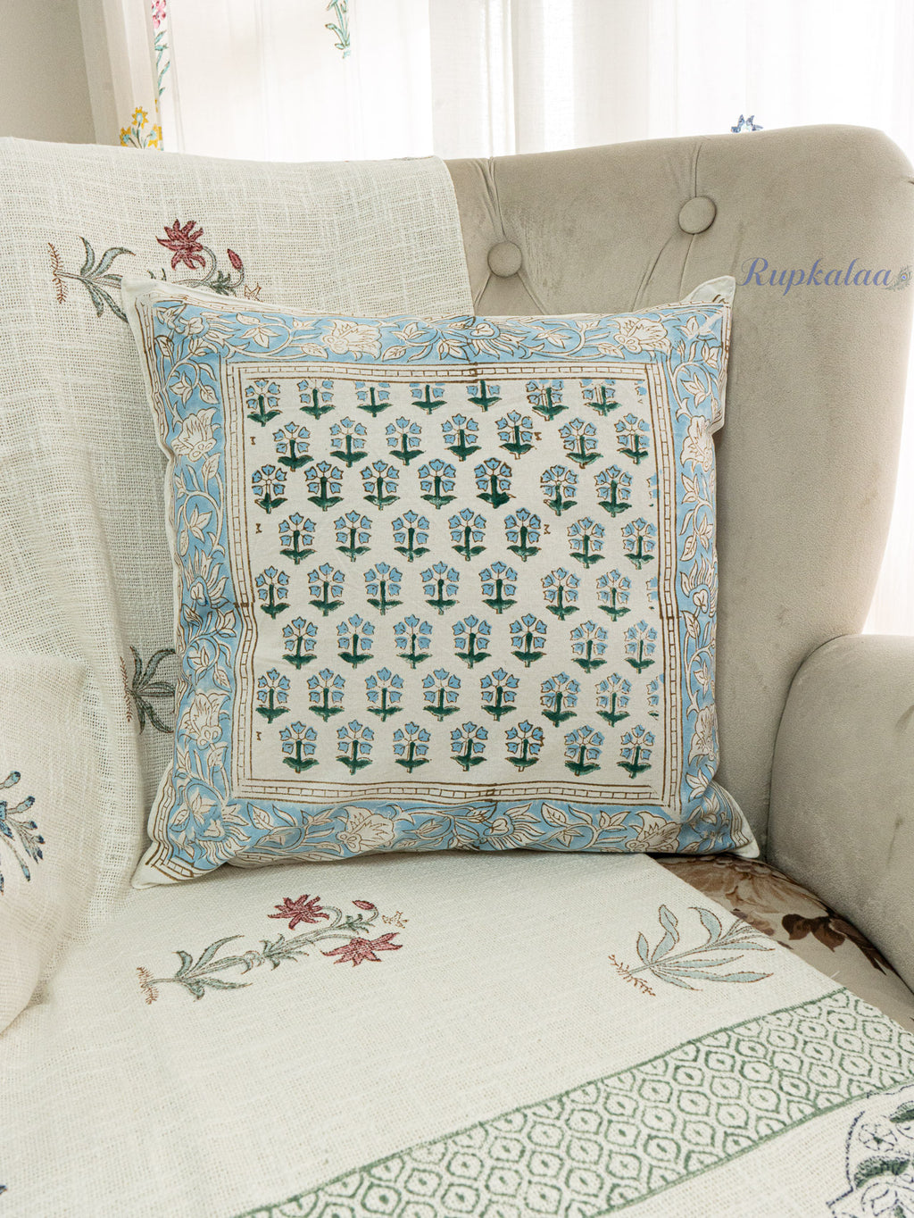 Indigo Petals Hand Block Printed Cushion Cover (16x16 Inches)