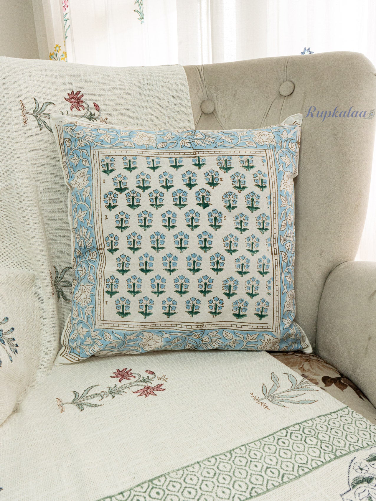 Indigo Petals Hand Block Printed Cushion Cover (16x16 Inches)