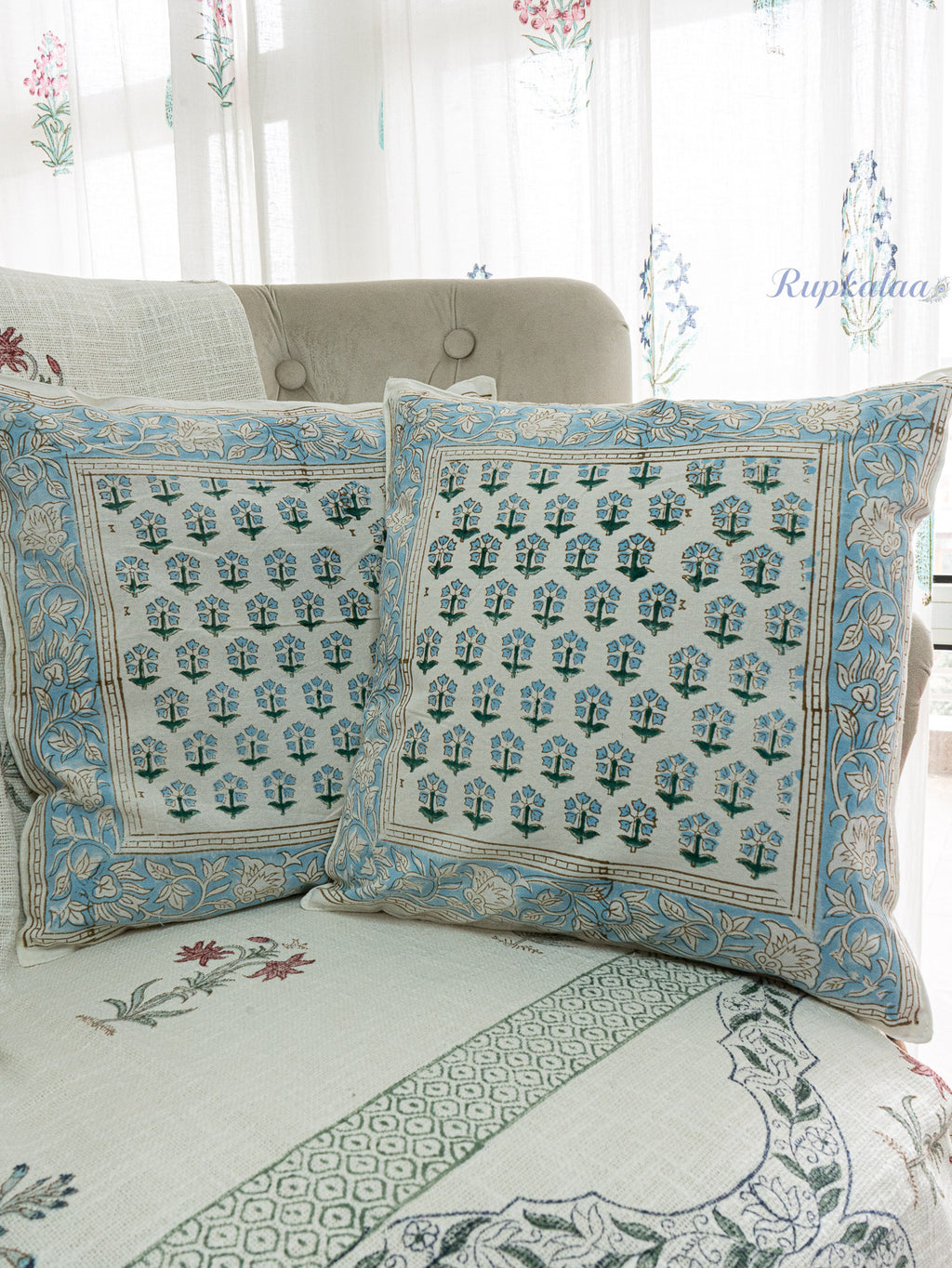 Indigo Petals Hand Block Printed Cushion Cover (16x16 Inches)