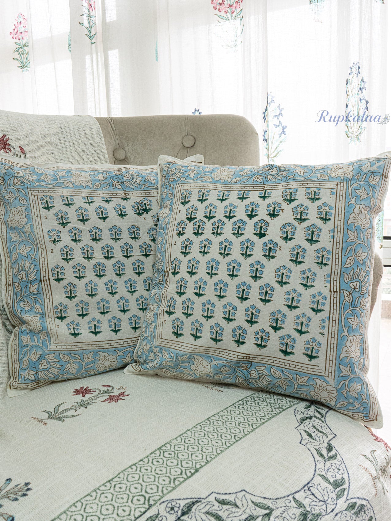 Indigo Petals Hand Block Printed Cushion Cover (16x16 Inches)