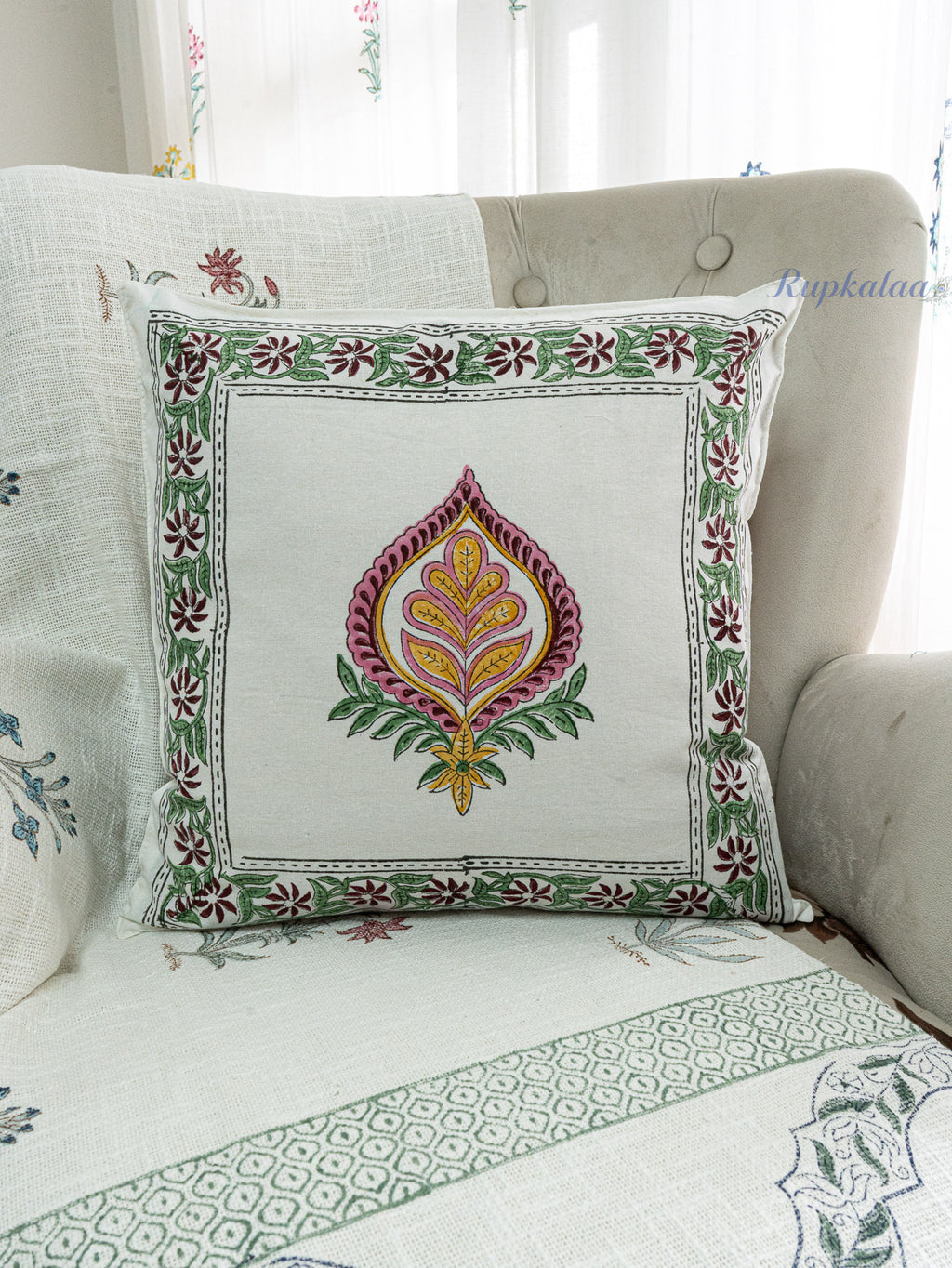 Floral Impact Hand Block Printed Cushion Cover (16x16 Inches)