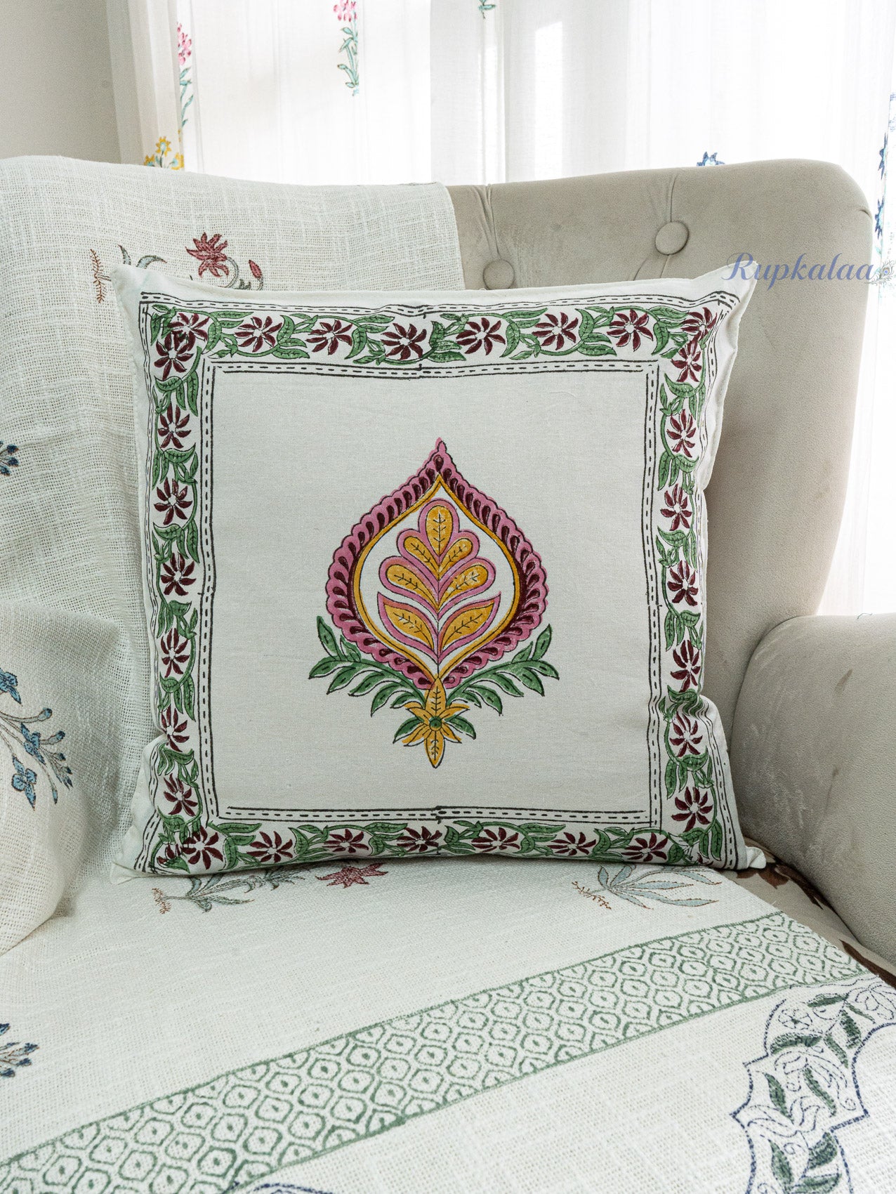 Floral Impact Hand Block Printed Cushion Cover (16x16 Inches)