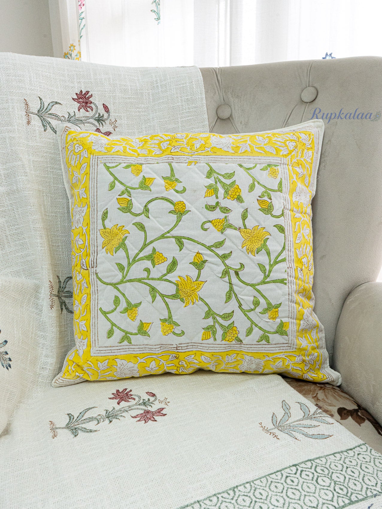 Golden Garden Hand Block Printed Cushion Cover (16x16 Inches)