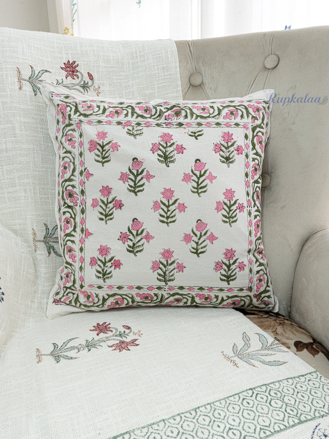 Pink Meadow Hand Block Printed Cushion Cover (16x16 Inches)