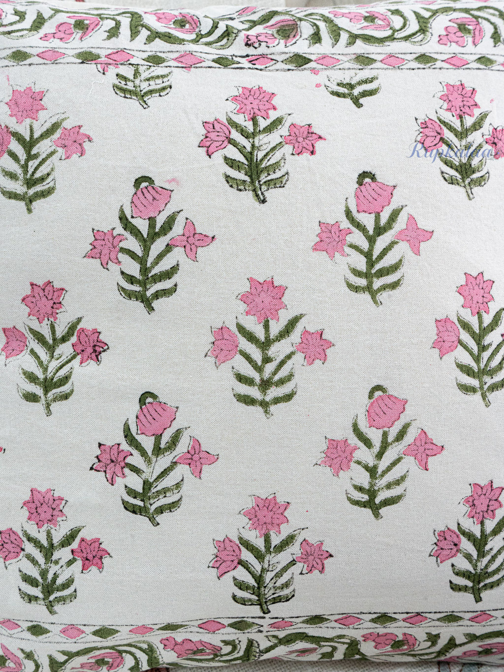 Pink Meadow Hand Block Printed Cushion Cover (16x16 Inches)