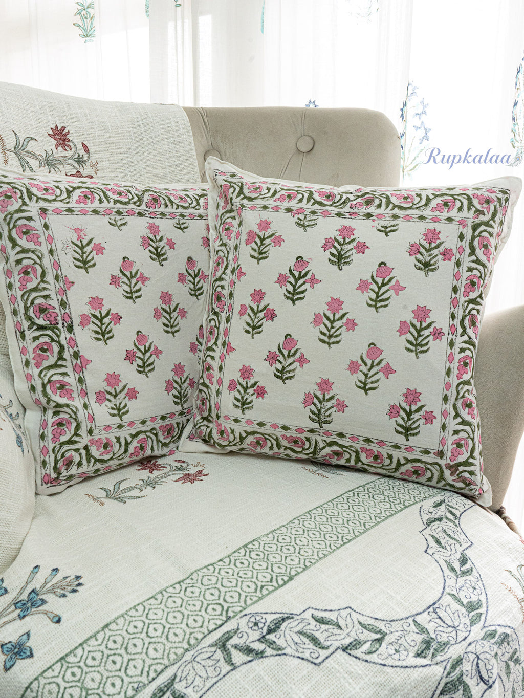 Pink Meadow Hand Block Printed Cushion Cover (16x16 Inches)
