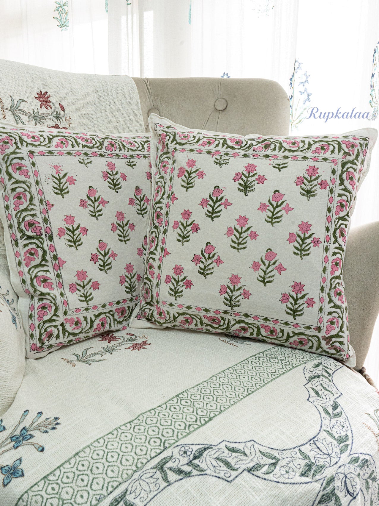 Pink Meadow Hand Block Printed Cushion Cover (16x16 Inches)