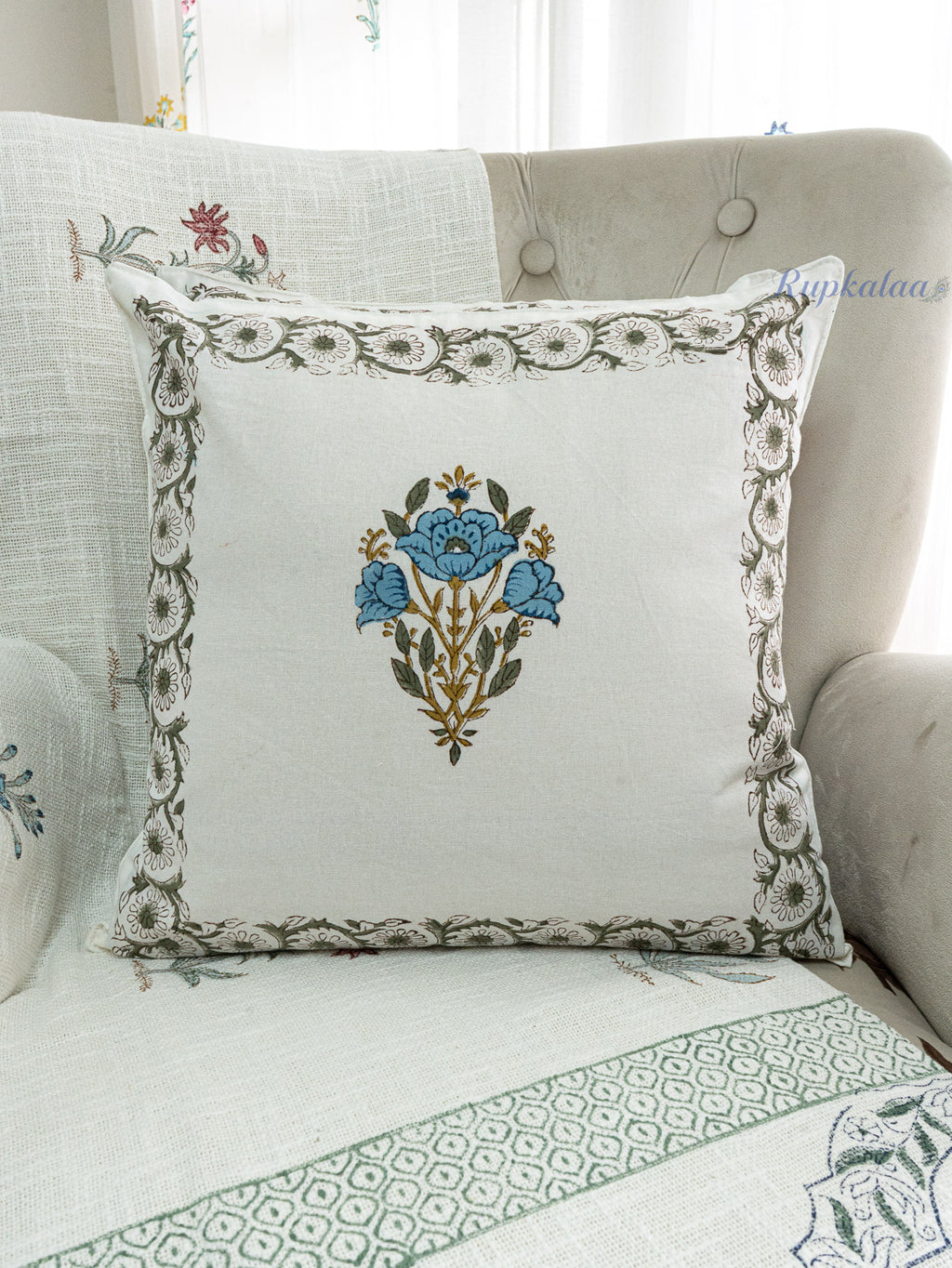 Pink Meadow Hand Block Printed Cushion Cover (16x16 Inches)